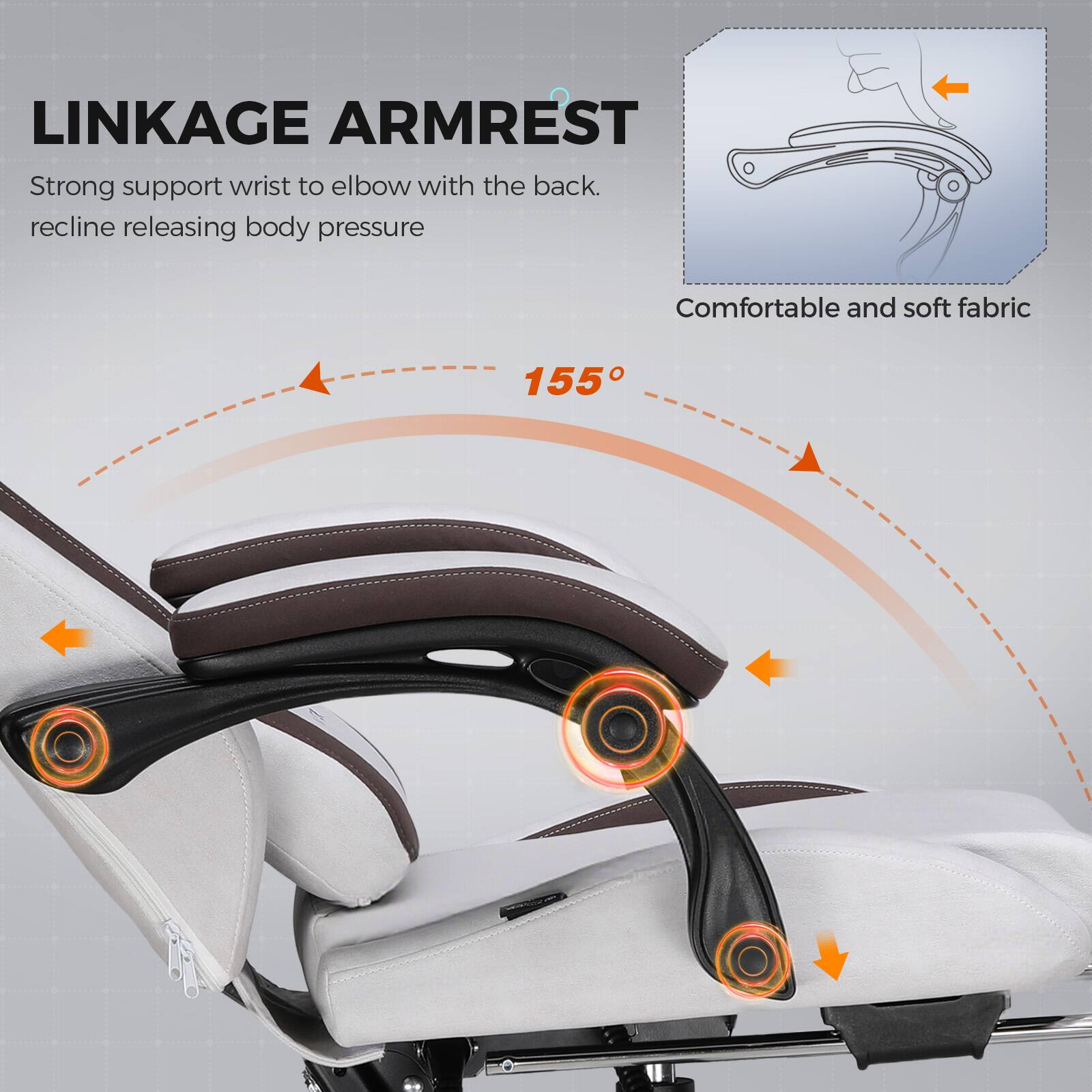 LINKAGE ARMREST

Strong support wrist to elbow with the back. recline releasing body pressure

Comfortable and soft fabric

155°