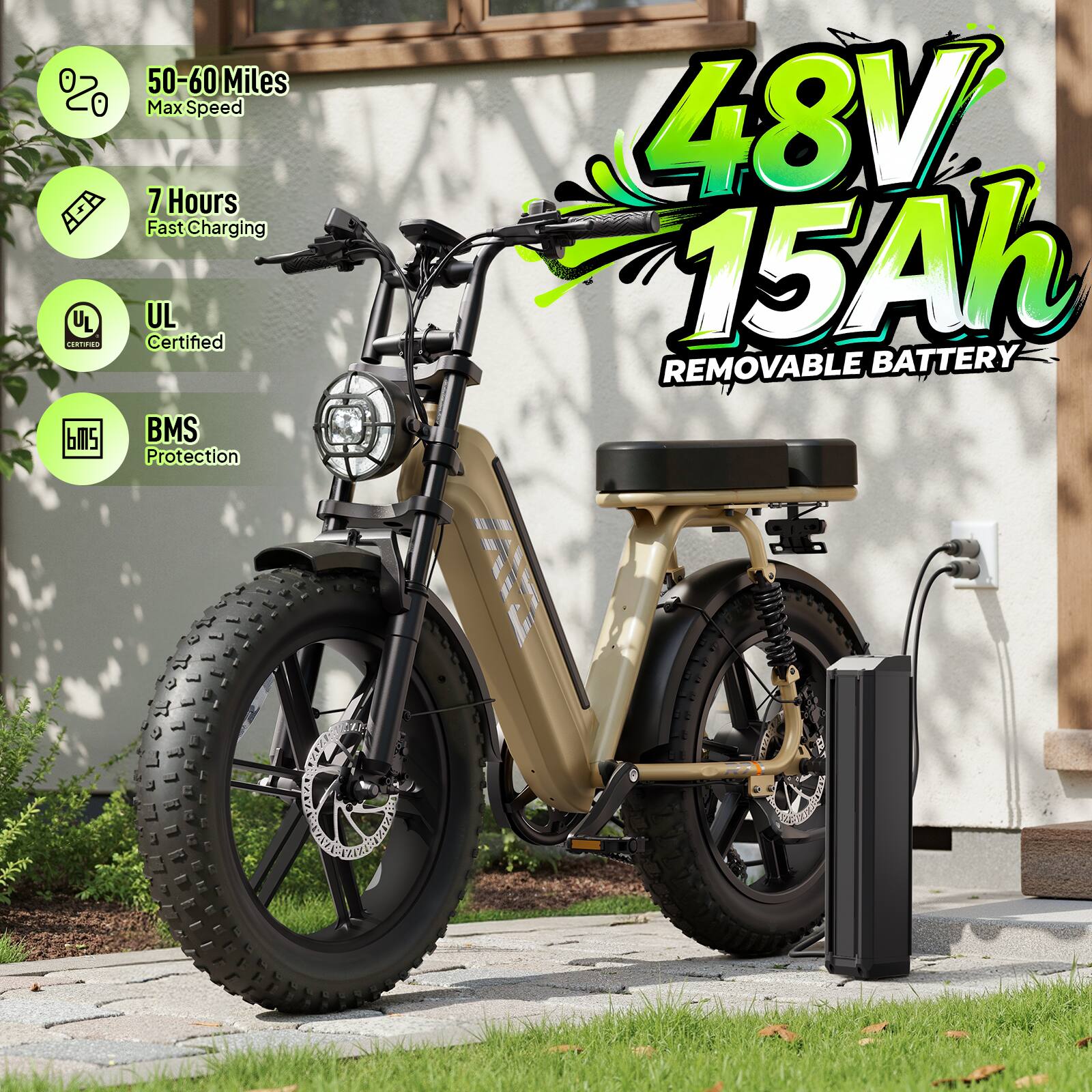 48V 15Ah REMOVABLE BATTERY

- 50-60 Miles Max Speed
- 7 Hours Fast Charging
- UL Certified
- BMS Protection