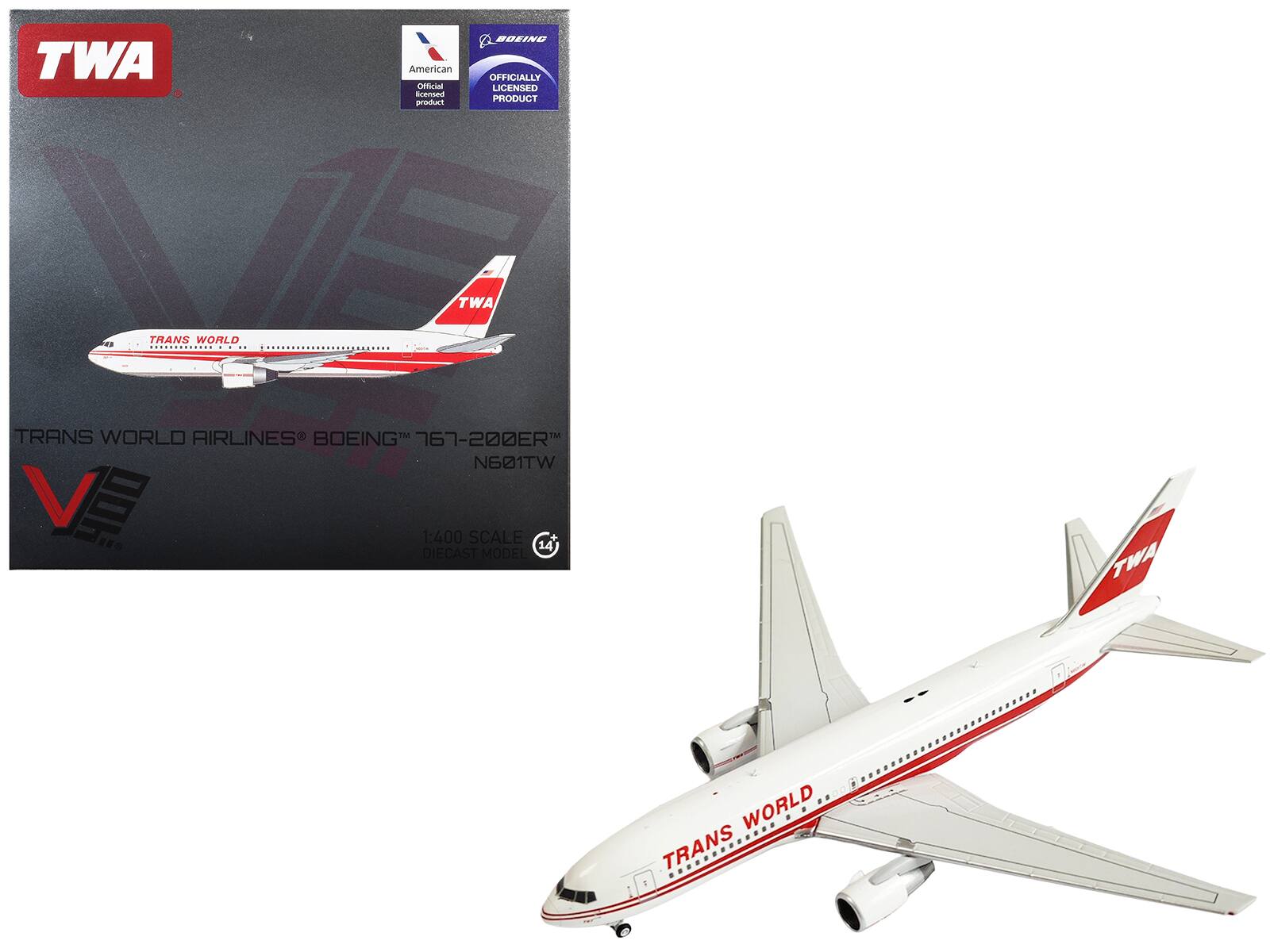 TWA  
American Official Licensed Product  
BOEING OFFICIALLY LICENSED PRODUCT  
TWA  
TRANS WORLD  
TRANS WORLD AIRLINES BOEING 767-200ER N601TW  
1:400 SCALE 14 DIECAST MODEL  
TWA  
WORLD TRANS