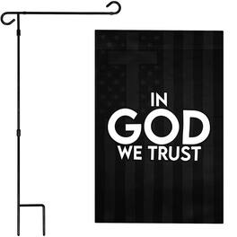 G128 - Combo Garden Flag Stand 36 x 16 in with In God We Trust 12 x 18 in Double-Sided Blockout Flag - Black