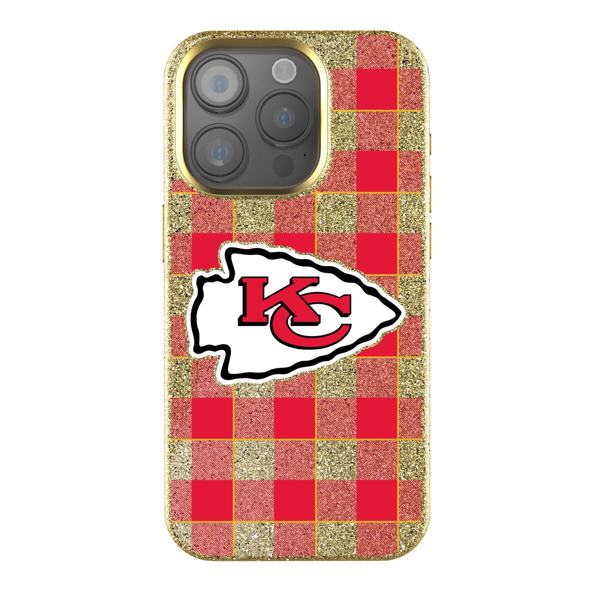 Front. Keyscaper - Kansas City Chiefs Plaid Bling iPhone Case - 15 Plus - Gold.
