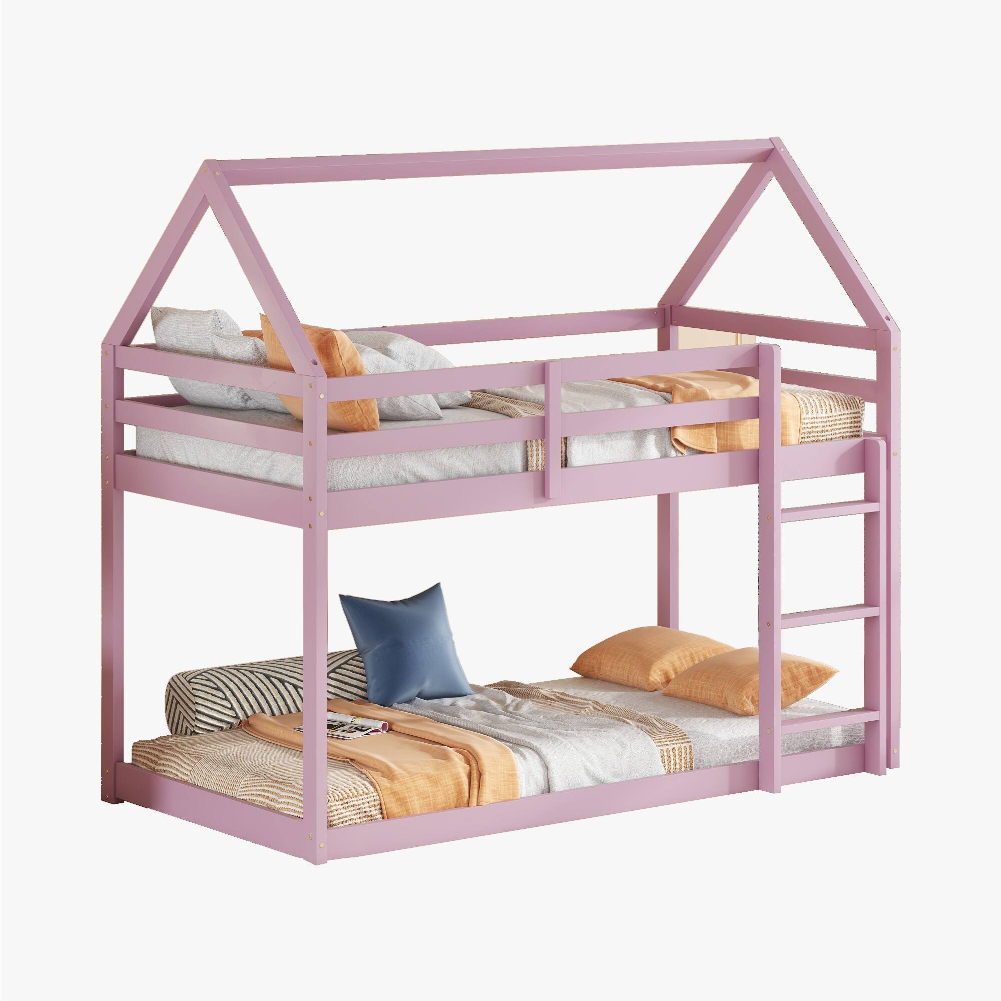 Angle. Spaco - Spaco Twin over Twin Bunk Bed with Ladder, Rubber Wood Floor, Guardrails, House-Shaped-Bunk Bed, for Bedroom Kids Room - Pink.