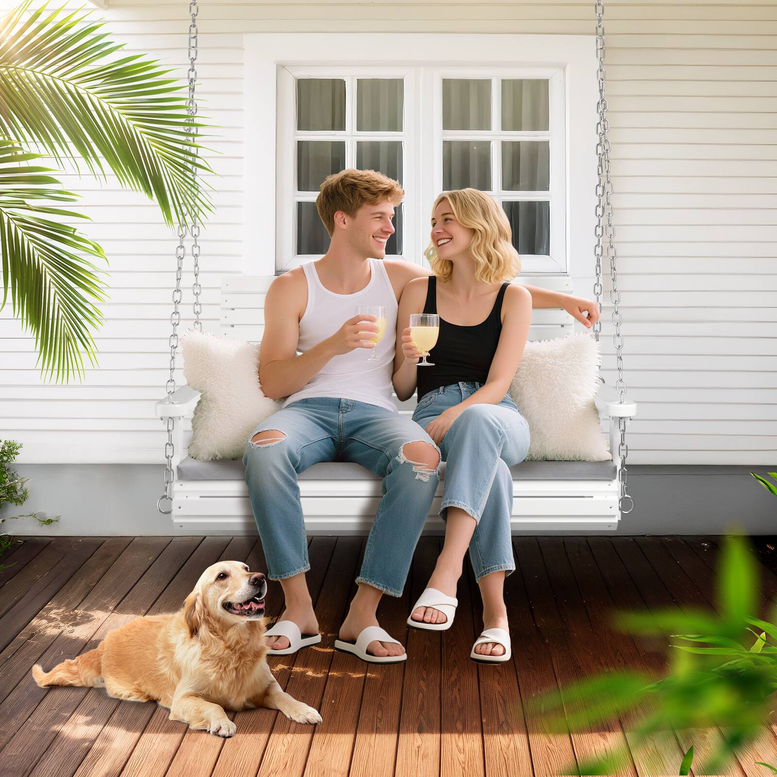 Alt View 4. Winado - 4 FT Porch Swing Bench Set with Cushion Wooden Hanging for Outdoor Garden Patio - White.