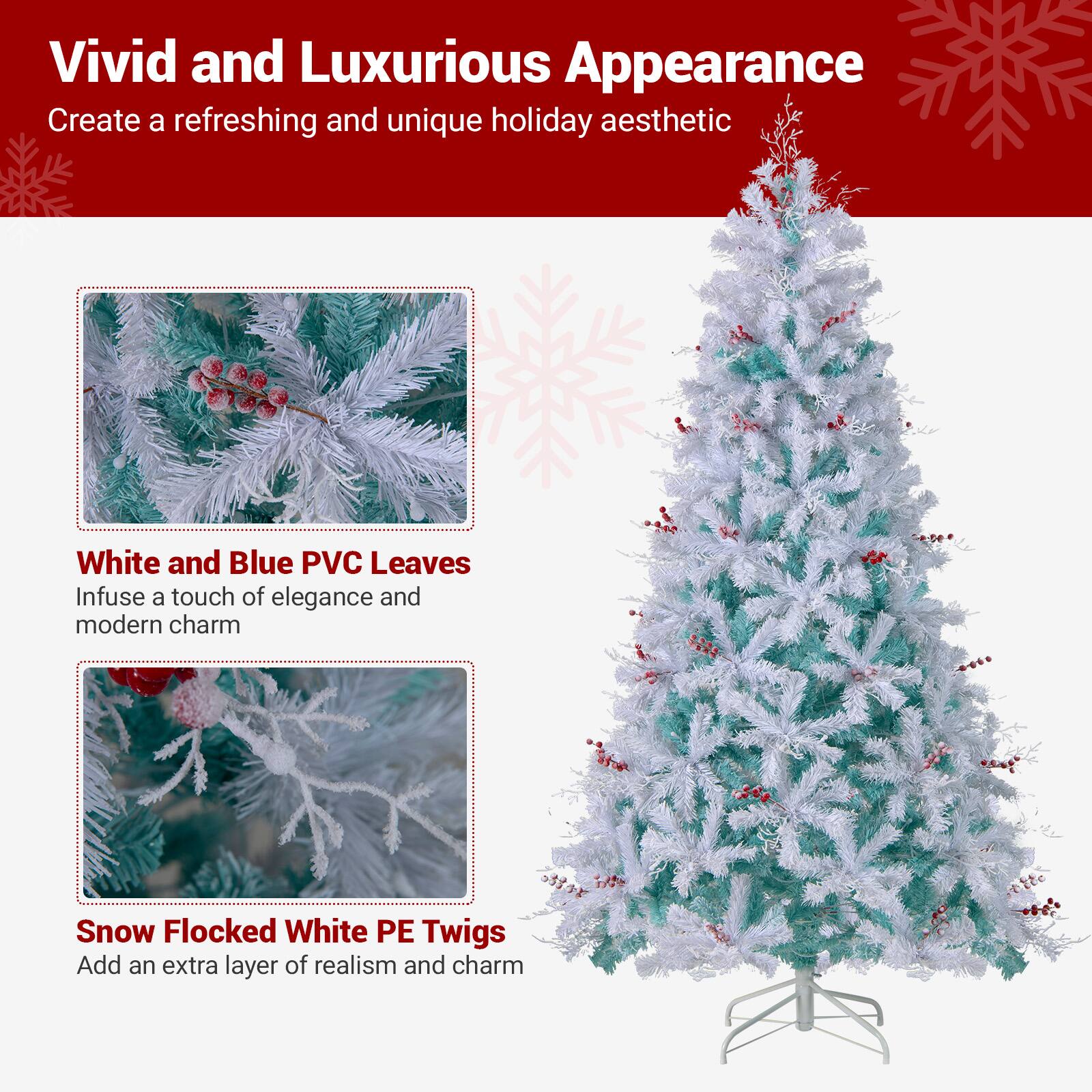 Vivid and Luxurious Appearance  
Create a refreshing and unique holiday aesthetic  

White and Blue PVC Leaves  
Infuse a touch of elegance and modern charm  

Snow Flocked White PE Twigs  
Add an extra layer of realism and charm