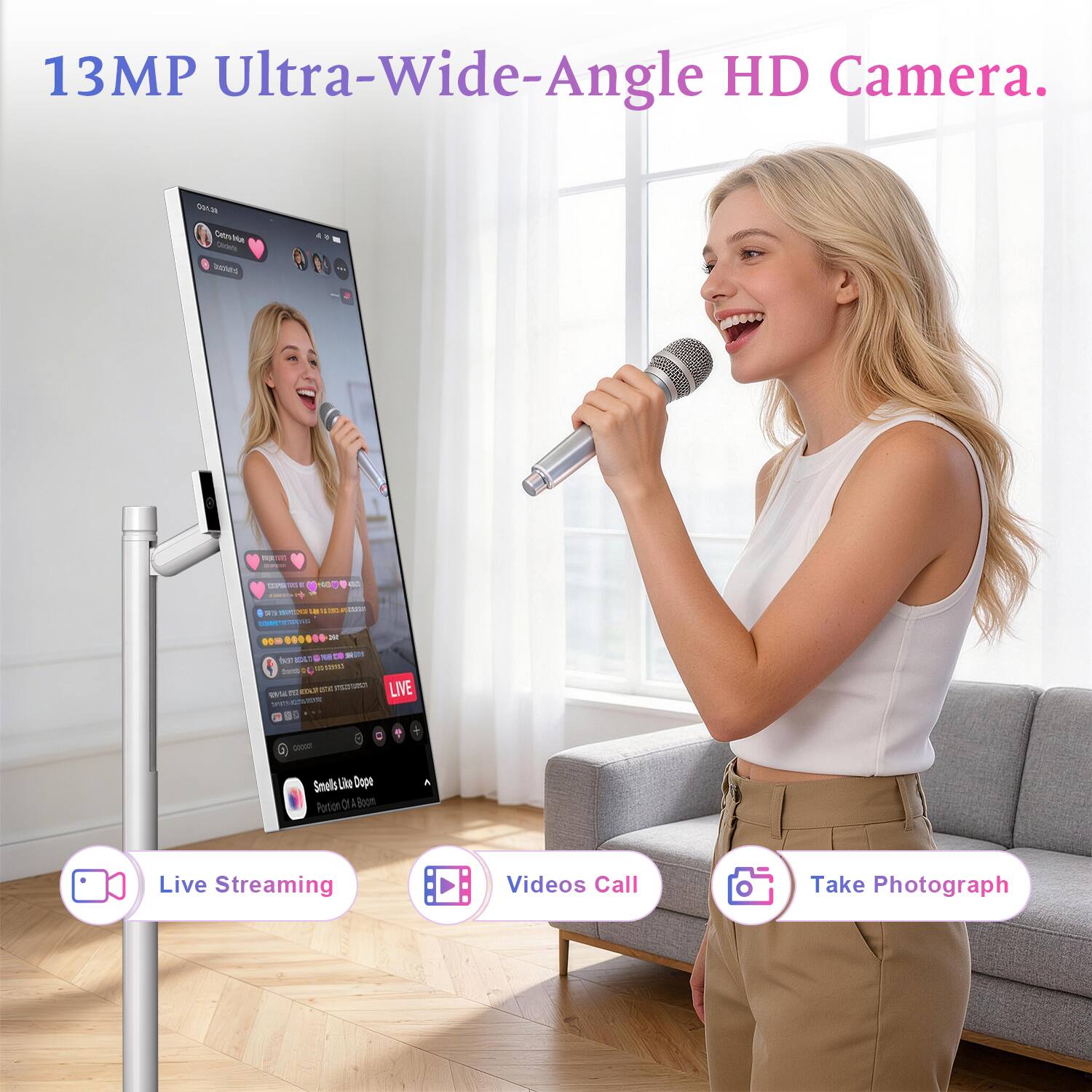 13MP Ultra-Wide-Angle HD Camera.

BLINO Catry Nie Orders 
BRUCTERS 50%
:
11
1
sa THE
s 1193
R  DV! 00 - NEW CO  TEAT NDCT C IMALI m EDG 5% W STRAWADE
LIVE
(coooor
Smells Like Dope Portor I ABoon
Live Streaming
Videos Call
Take Photograph