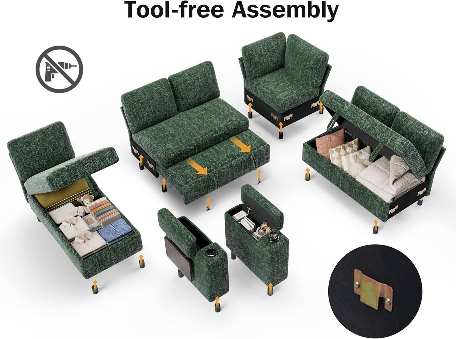 Dyonery 110" Modular Sectional Sleeper Sofa with Pull Out Bed, 7 Seat L ...