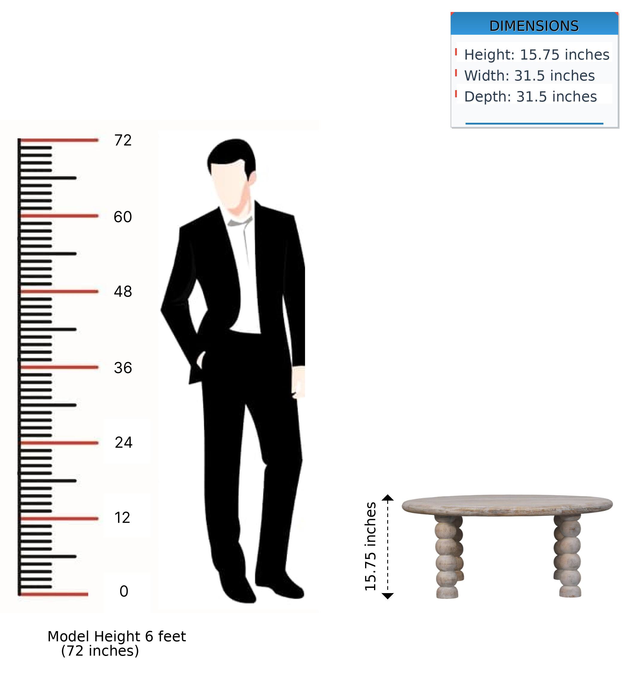 DIMENSIONS  
Height: 15.75 inches  
Width: 31.5 inches  
Depth: 31.5 inches  

Model Height 6 feet (72 inches)