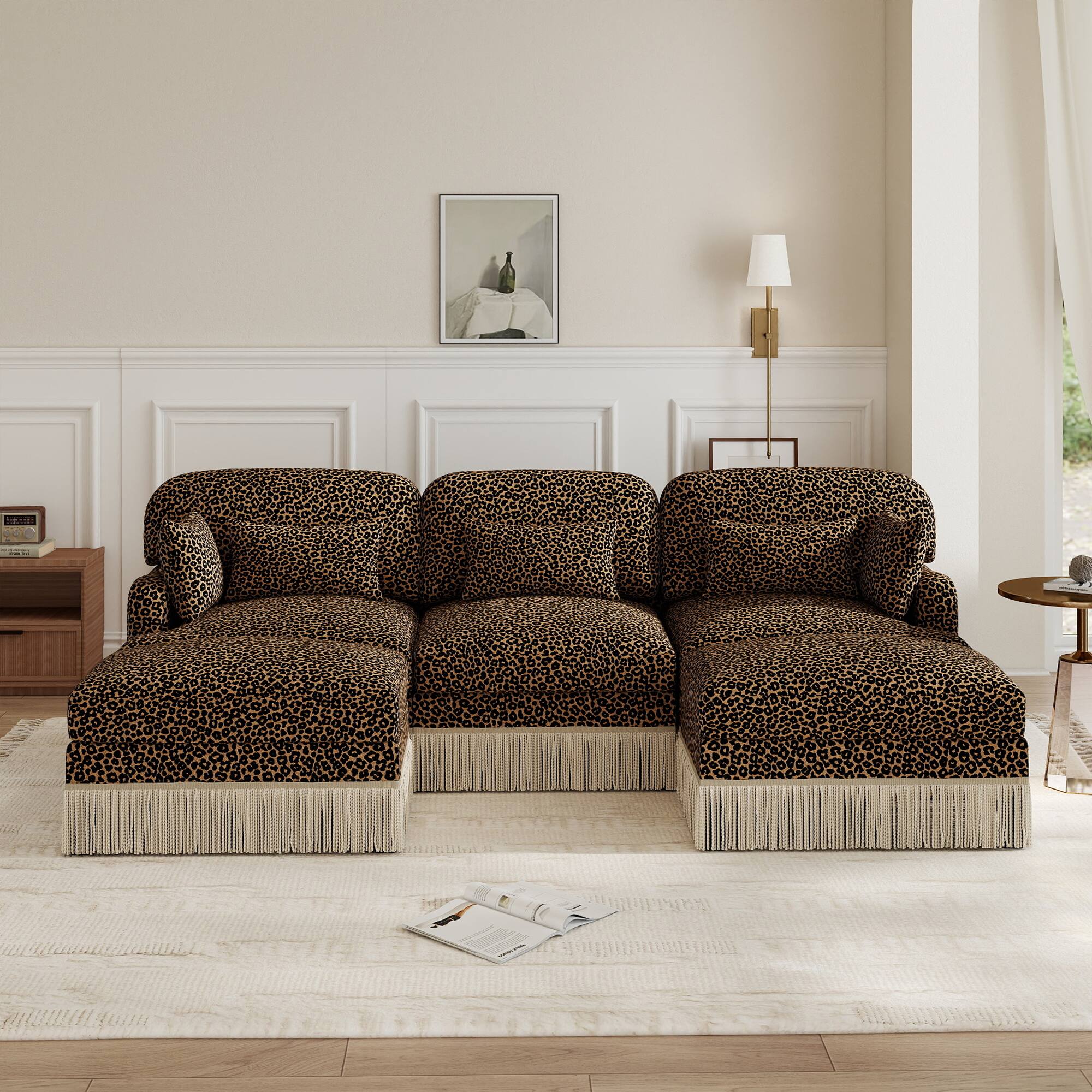 Angle. Anysun - 100" U-Shaped Chenille Leopard Print Sofa with Movable Ottomans & Tassel Edge, Ergonomic Deep Seat for Living Room - Brown.