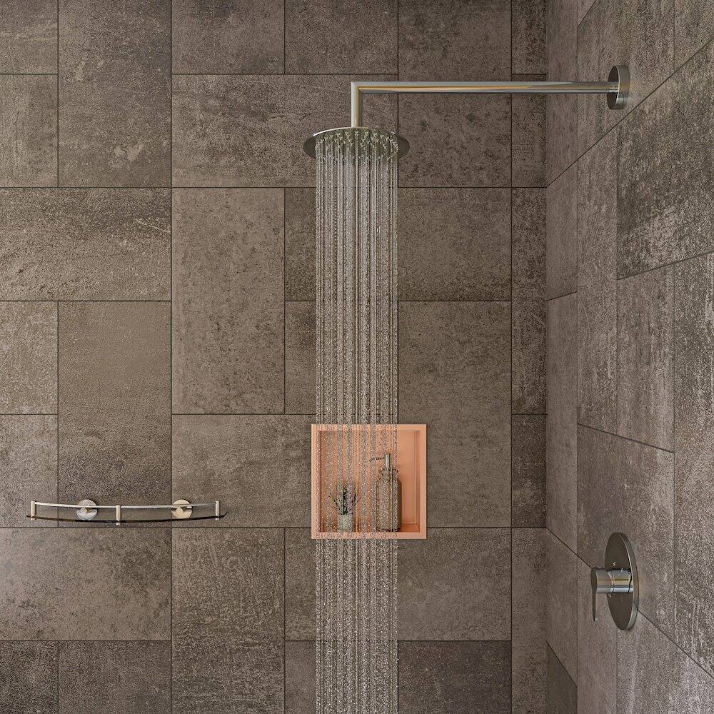 Left. Alfi - 12" x 12" Brushed Copper PVD Stainless Steel Square Single Shelf Shower Niche - Brown.