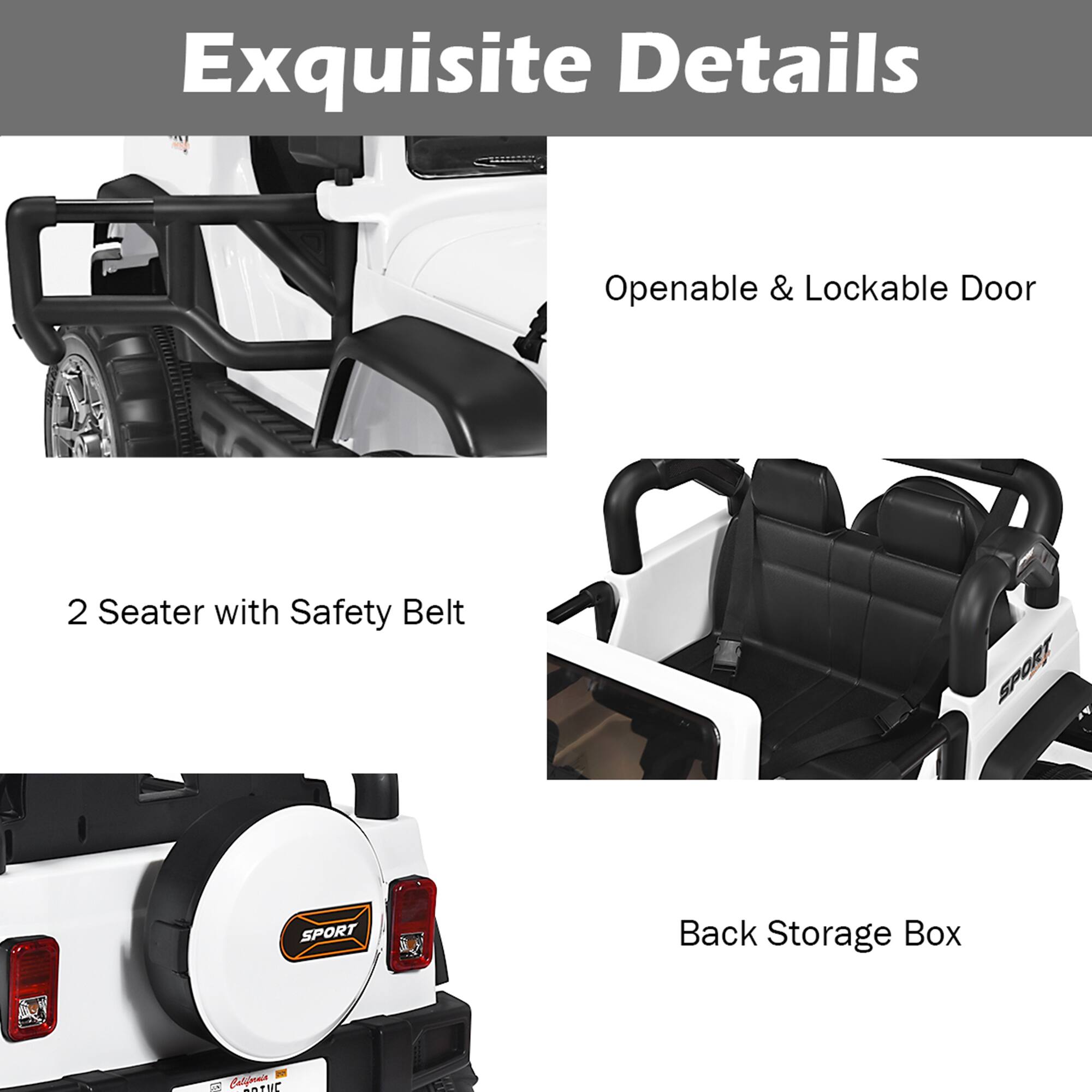 Exquisite Details

- Openable & Lockable Door
- 2 Seater with Safety Belt
- Back Storage Box