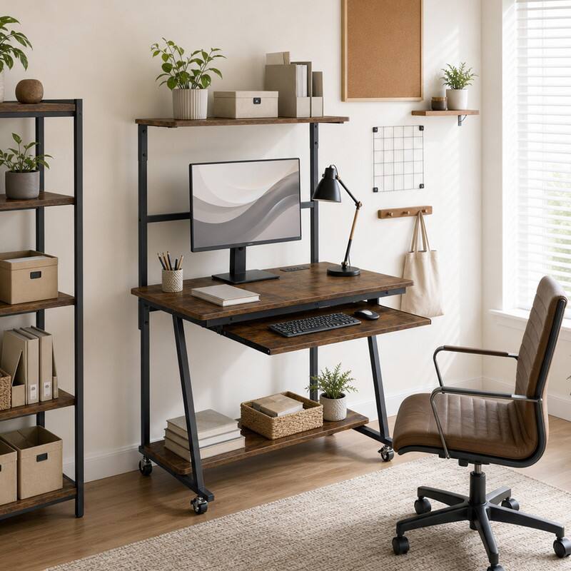 Front. WELLFOR - Small Computer Desk with Charging Station and LED Lights, Mobile Office Desk with Keyboard Tray & Hutch Shelf - Rustic Brown.