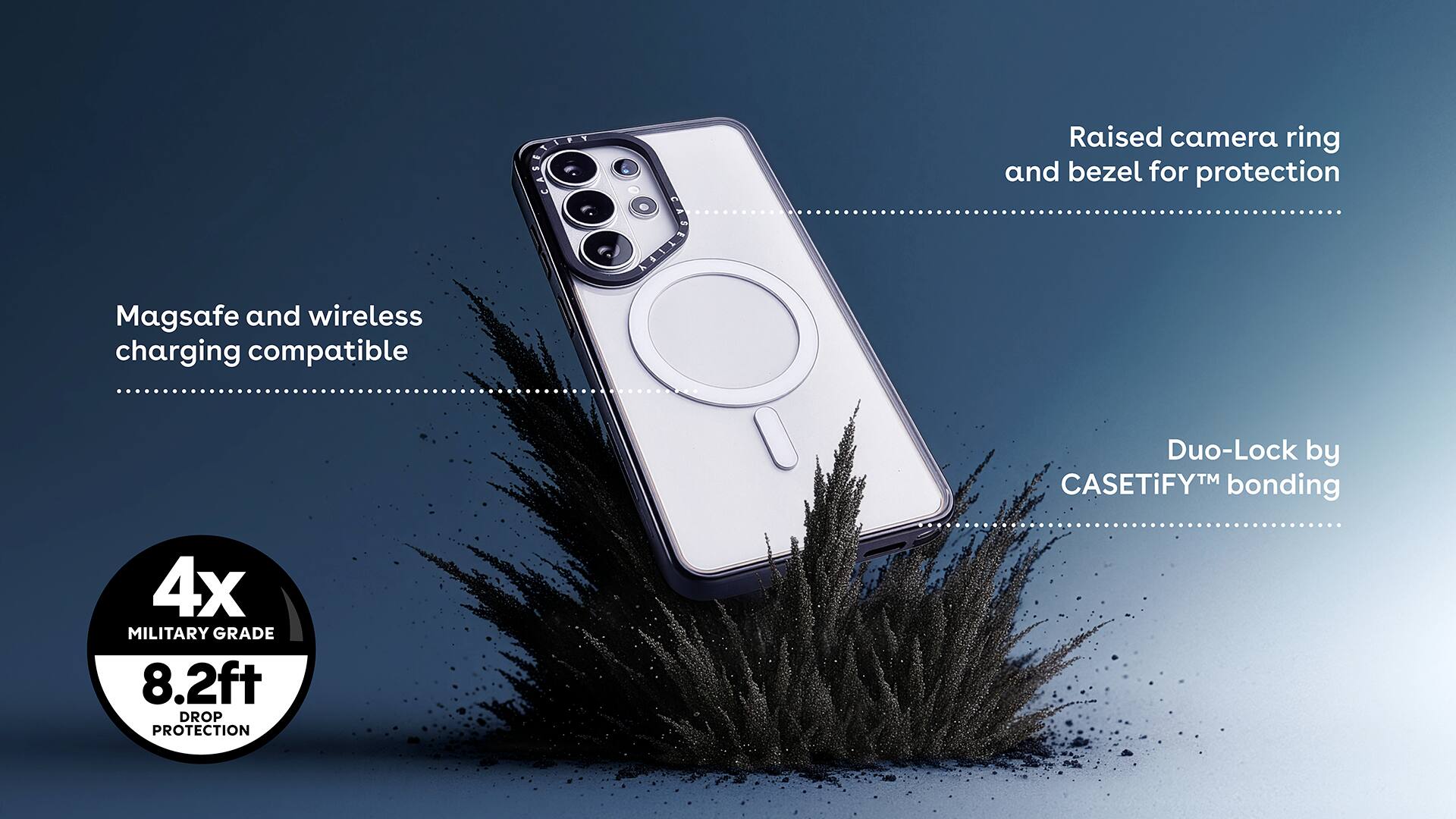 - Raised camera ring and bezel for protection
- Magsafe and wireless charging compatible
- Duo-Lock by CASETiFY™ bonding
- 4x MILITARY GRADE 8.2ft DROP PROTECTION