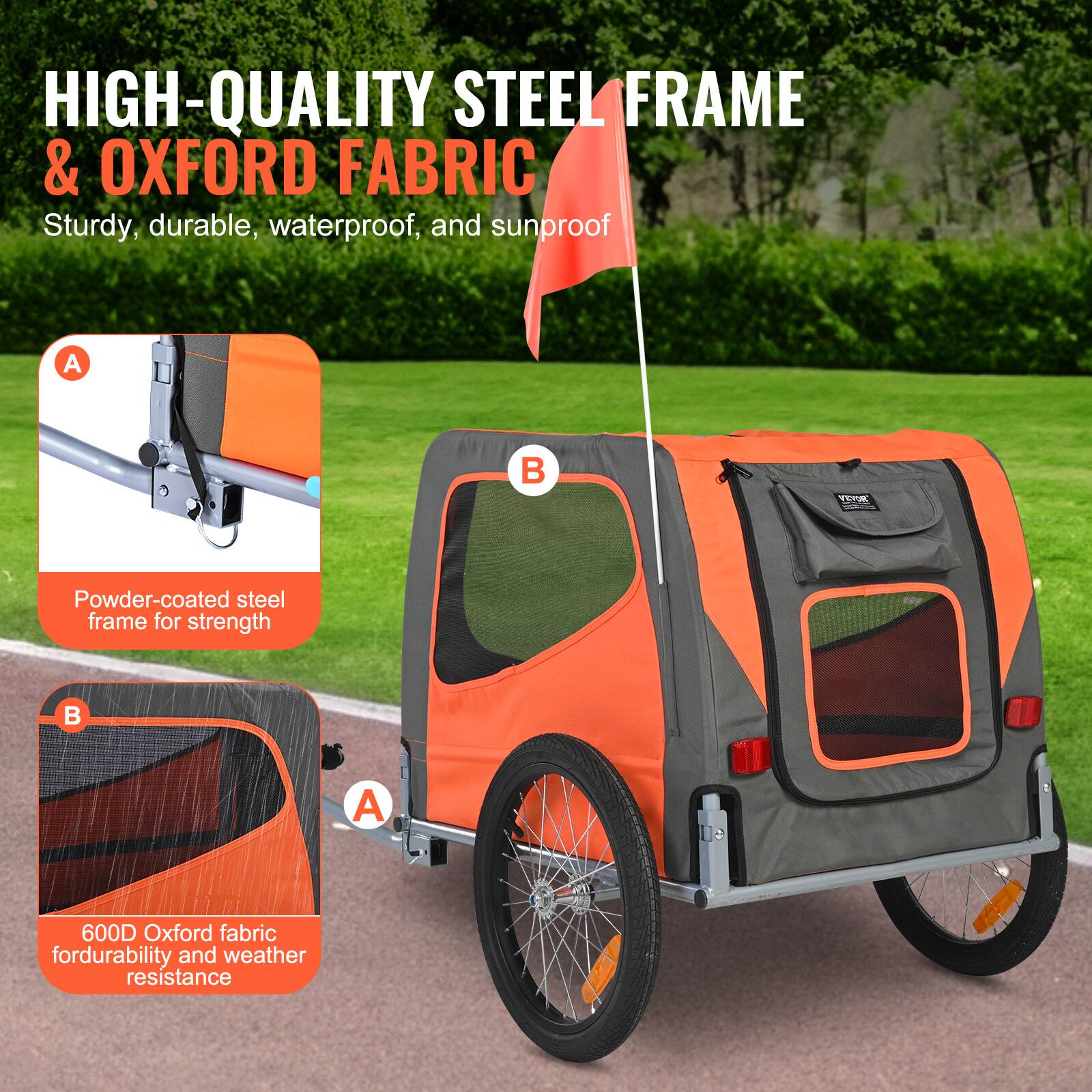 HIGH-QUALITY STEEL FRAME & OXFORD FABRIC

Sturdy, durable, waterproof, and sunproof

A. Powder-coated steel frame for strength

B. 600D Oxford fabric for durability and weather resistance
