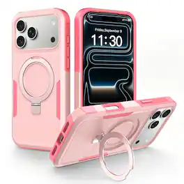 Dteck - Magnetic Case for Apple iPhone 17 Pro Max with Ring Kickstand, Shockproof Dual Layer Cover Raised Edge Camera Protection - Pink