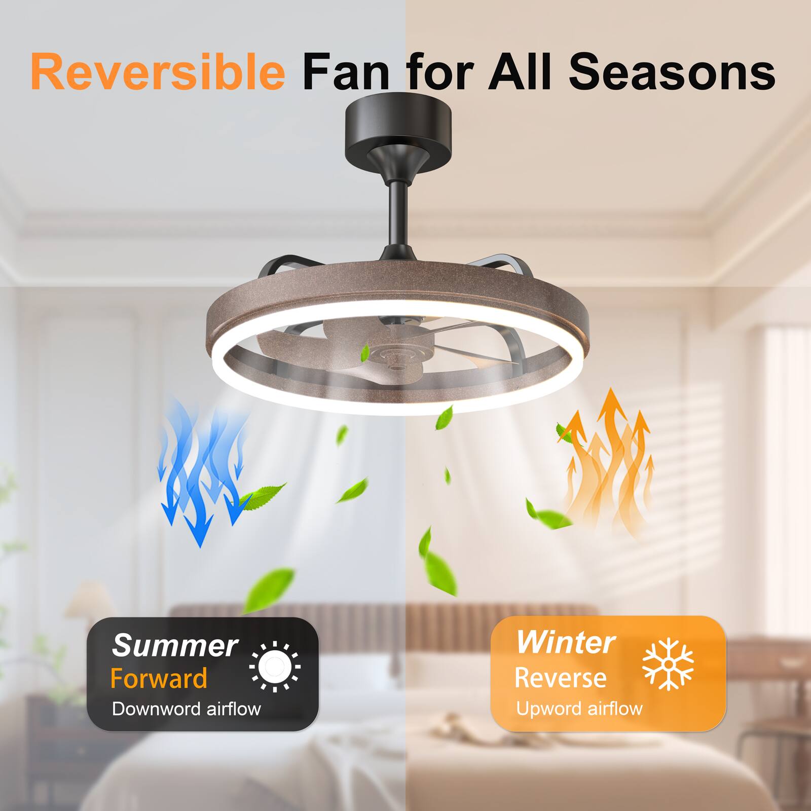 Reversible Fan for All Seasons  
Summer Forward Downward airflow  
Winter Reverse Upward airflow