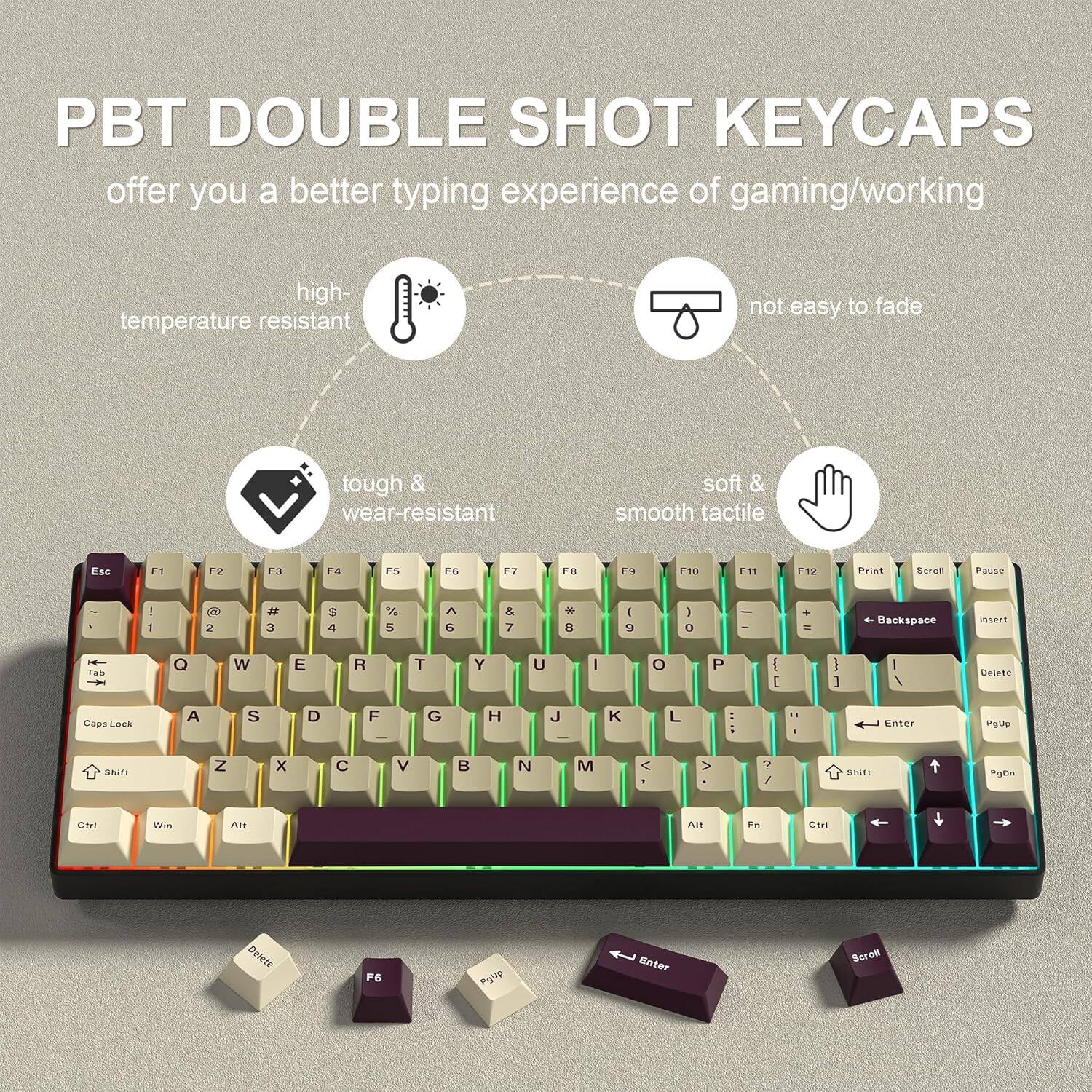 PBT DOUBLE SHOT KEYCAPS offer you a better typing experience of gaming/working

- high-temperature resistant
- not easy to fade
- tough & wear-resistant
- soft & smooth tactile

Keycap Layout:
- Esc, F1, F2, F3, F4, F5, F6, F7, F8, F9, F10, F11, F12, Print, Scroll, Pause
- 1, 2, 3, 4, 5, 6, 7, 8, 9, 0, -, =, Backspace, Insert, Delete
- Q, W, E, R, T, Y, U, I, O, P, [, ], \, Tab, Caps Lock, Shift, Z, X, C, V, B, N, M, <, >, ?, Shift, Enter, PgUp, PgDn, Ctrl, Fn, Alt, Win, Delete, F6, Enter, Scroll