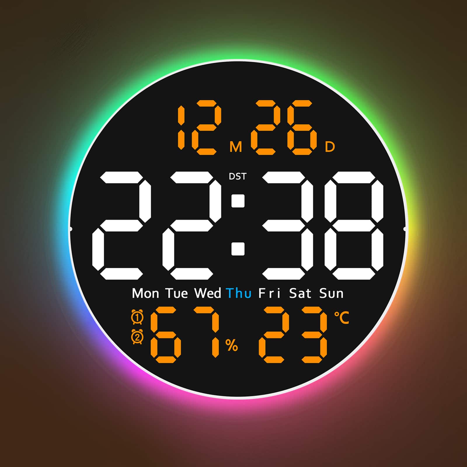 Unique Bargains - 10 Inch Large Digital Wall Clock with 9 Color Changing Remote Control Date Week Temperature Auto Brightness Dimmer - Orange