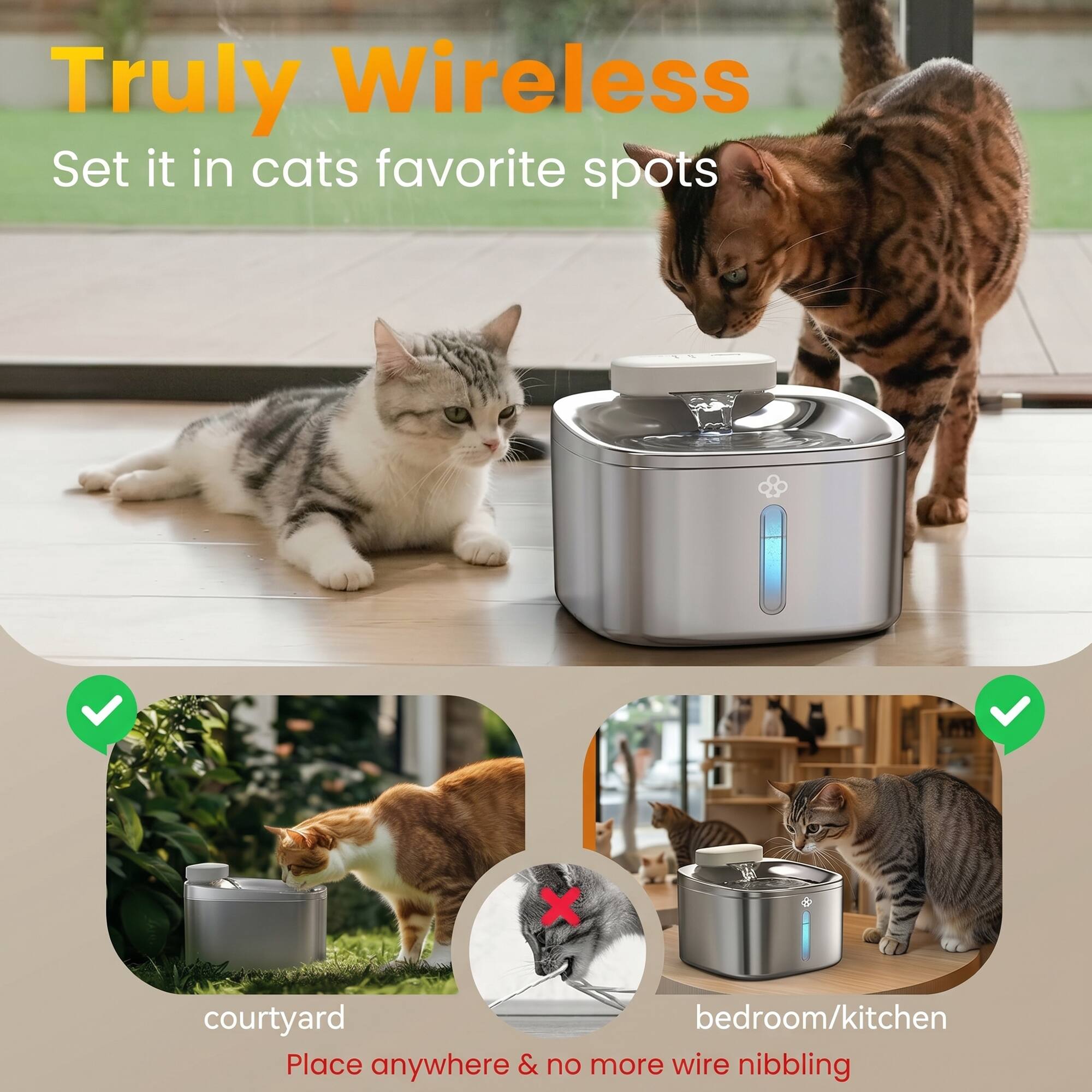 Truly Wireless  
Set it in cats favorite spots  

- courtyard  
- bedroom/kitchen  

Place anywhere & no more wire nibbling