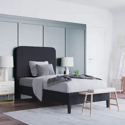 Front. Emma + Oliver - Pasithea Upholstered Platform Bed with Curved, Slim Panel Headboard and Wooden Support Slats - Charcoal.