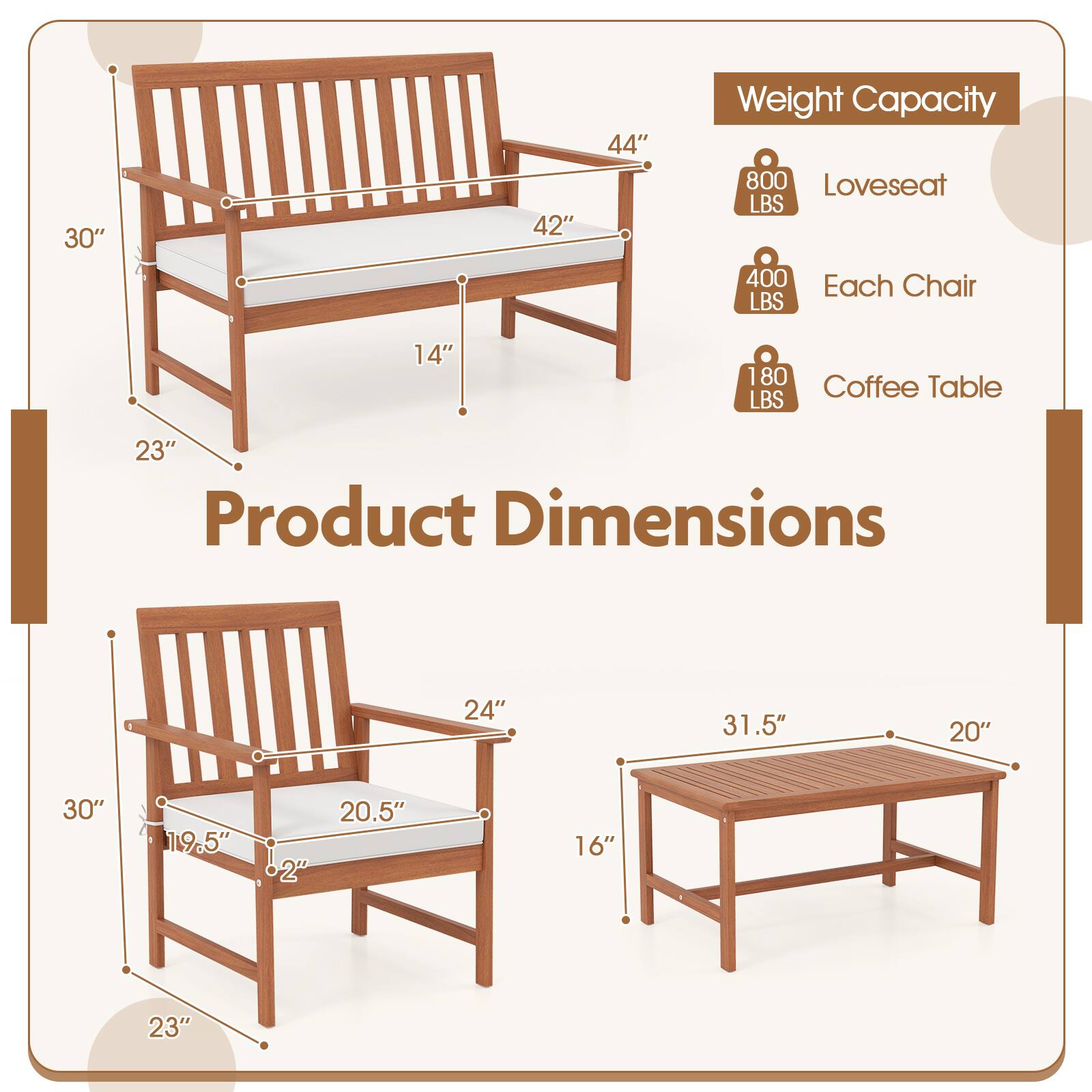 The text on the image is grouped and corrected as follows:

Product Dimensions:
- 24" 31.5" 20" 30"
- 19.5" 2" 20.5" 16"
- 23" 23"

Weight Capacity:
- Loveseat: 800 LBS
- Each Chair: 400 LBS

Coffee Table:
- 14"
- 1 80 LBS

The image features a wooden bench with dimensions and weight capacities displayed. The bench is designed to accommodate a loveseat, each chair, and a coffee table. The weight capacity for the loveseat is 800 LBS, while each chair can hold 400 LBS. The coffee table is 14" in size and has a weight capacity of 1 80 LBS.