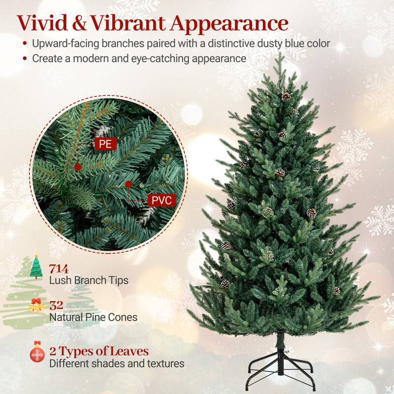 Vivid & Vibrant Appearance  
Upward-facing branches paired with a distinctive dusty blue color  
Create a modern and eye-catching appearance  

PE  
PVC  

714 Lush Branch Tips  
32 Natural Pine Cones  

2 Types of Leaves  
Different shades and textures
