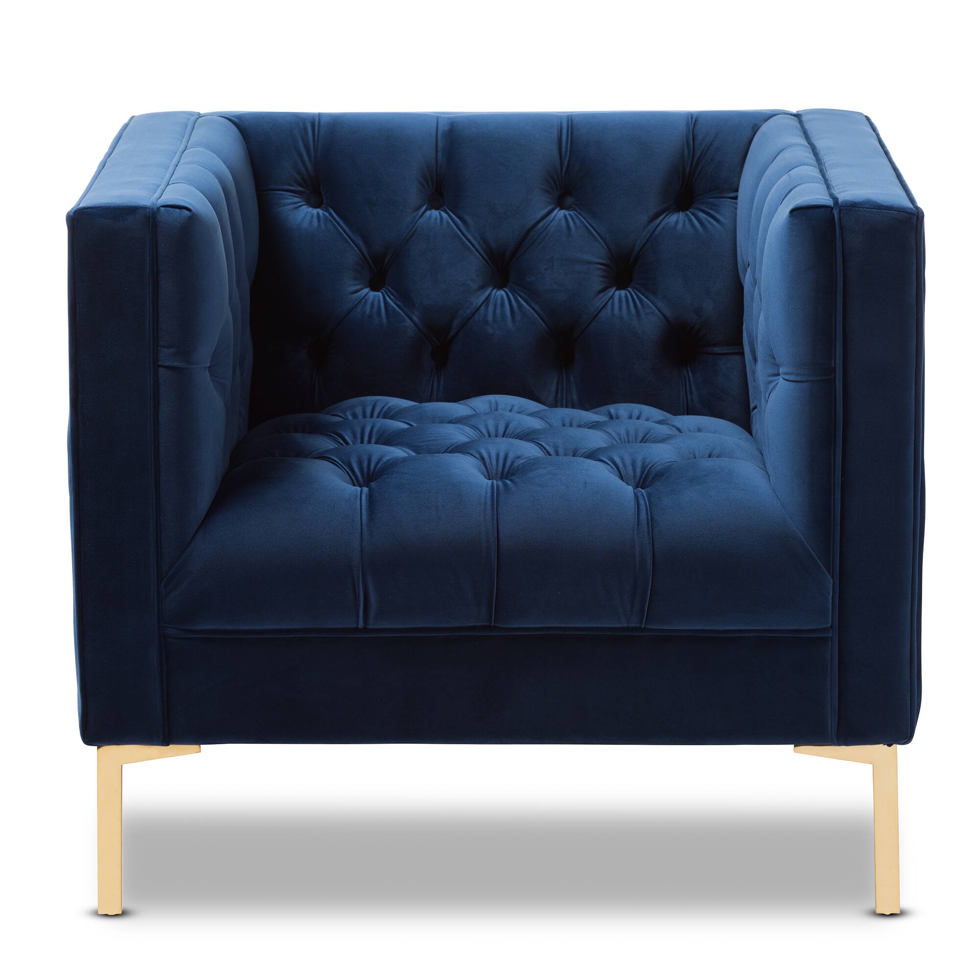 Angle. Baxton Studio - Zanetta Luxe and Glamour Velvet Upholstered Gold Finished Lounge Chair - Blue.