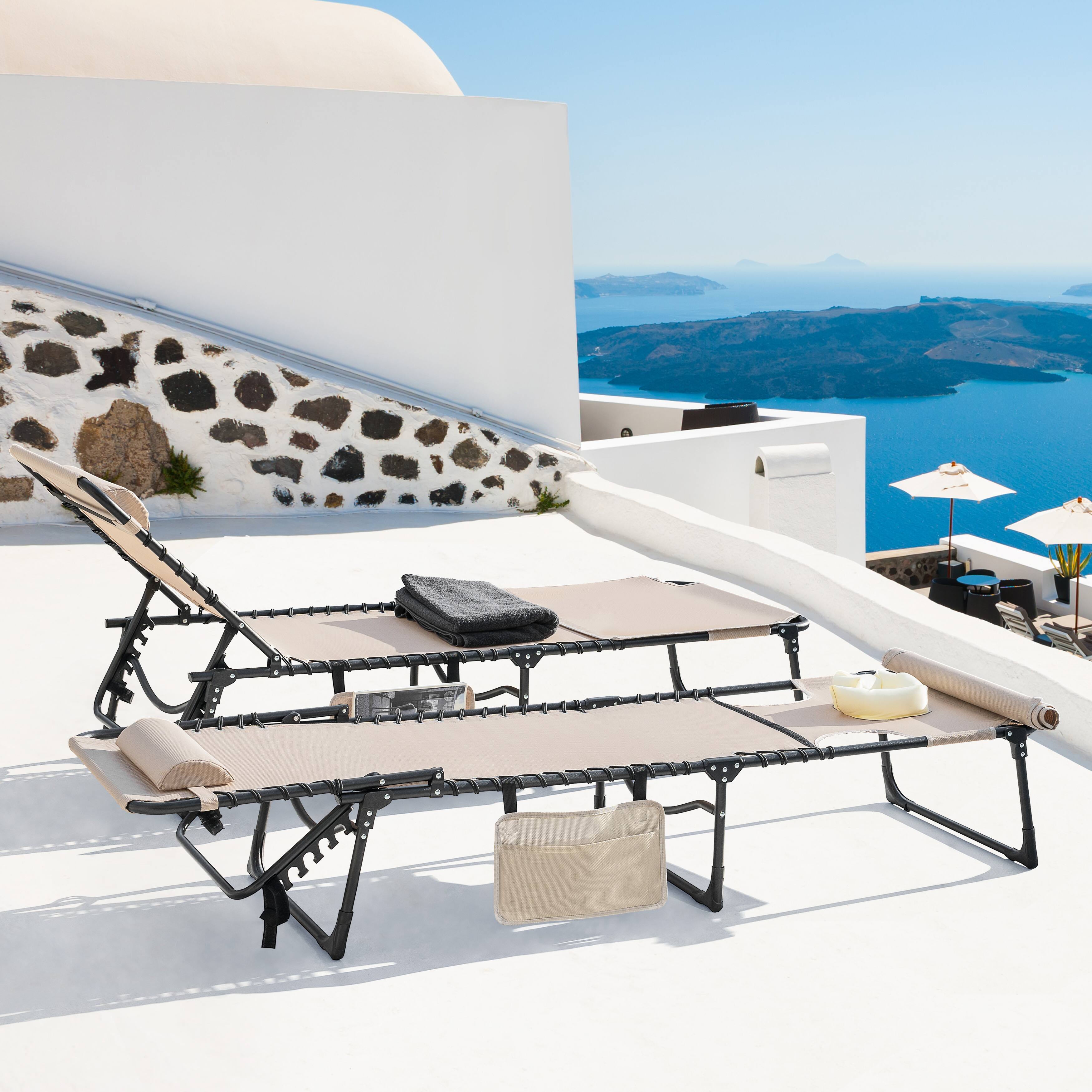 Alt View 8. Nuu Garden - Folding Textilene and Steel Outdoor Lounge Chair with 5-Position Adjustable Backrest, Face Hole and Pillow - Khaki and Black.