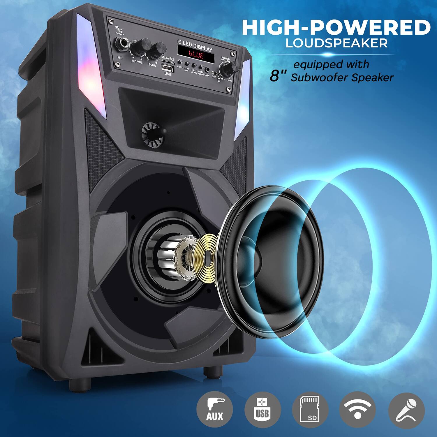 HIGH-POWERED LOUDSPEAKER  
equipped with 8" Subwoofer Speaker  

- 15 LED DISPLAY  
- MIC  
- MIC VOL  
- ECHO  
- AUX  
- USB  
- SD  
- Bluetooth  
- AUX  
- USB  
- SD  
- Wi-Fi  
- Microphone