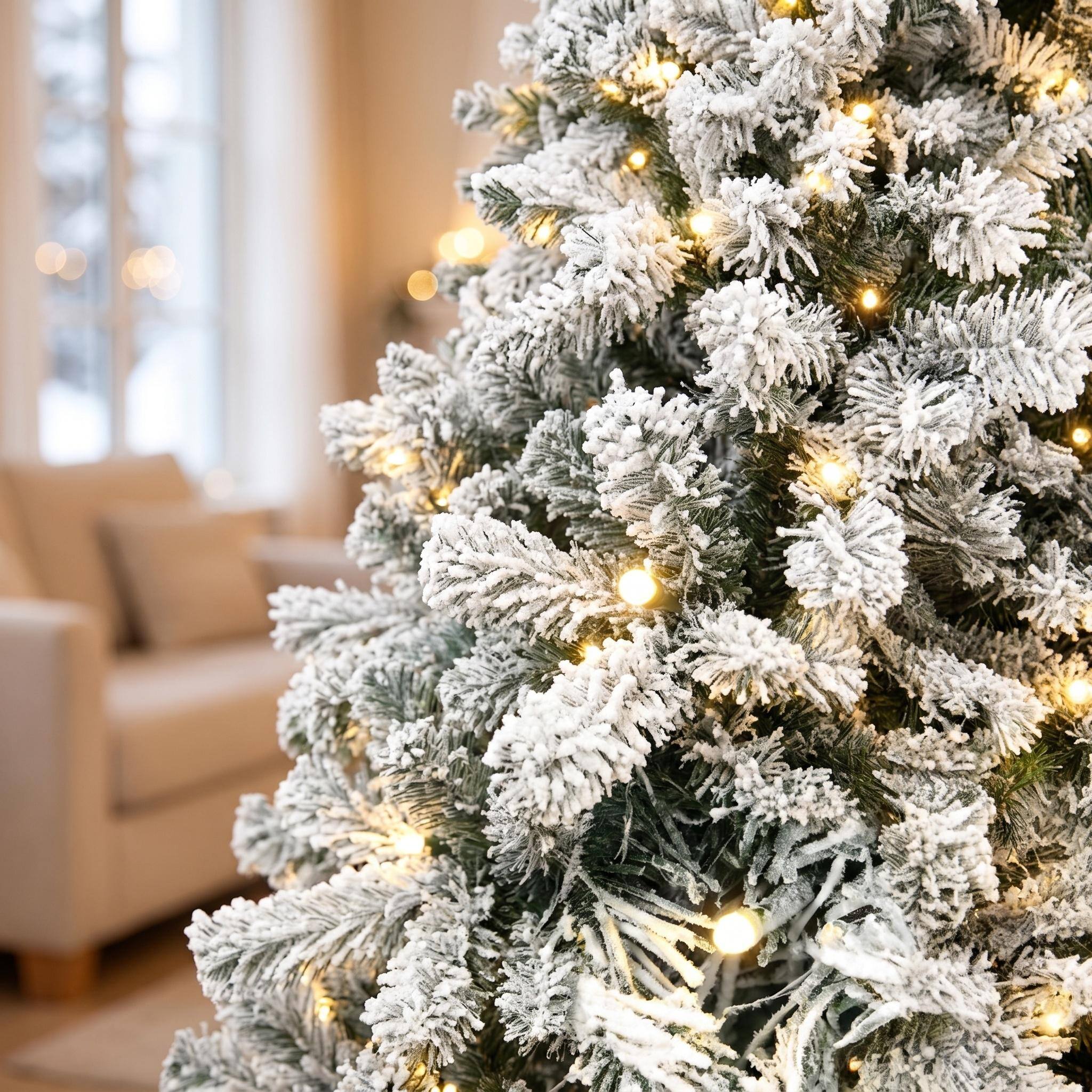 Alt View 6. Forest'nSky - 9 ft Pre-Lit Flocked Fraser Fir Artificial Christmas Tree with Hinged Branches and 600 LED Lights - Green and White.