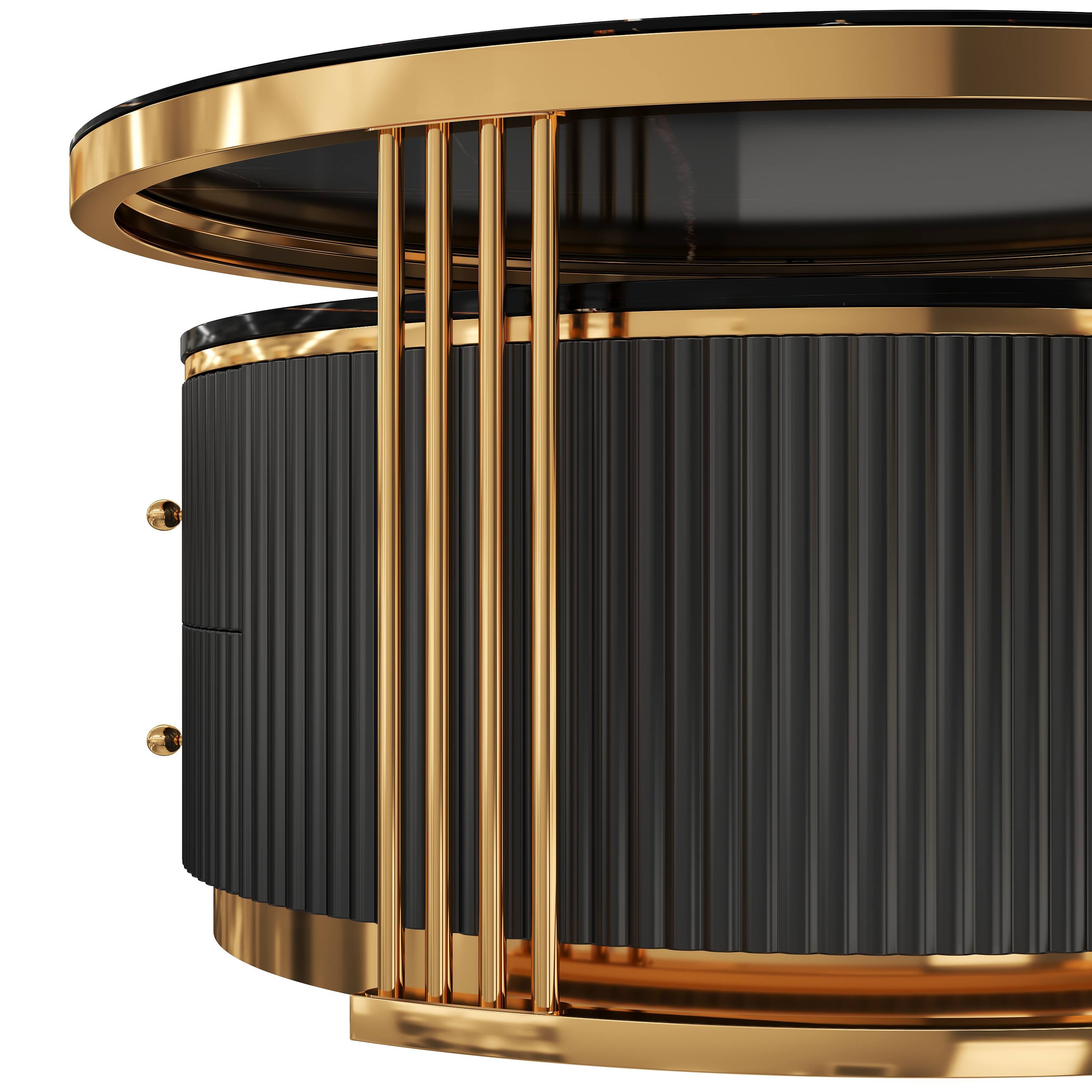 Alt View 8. Loheer - Modern 2-Piece Black Round Nesting Coffee Table with Drawers, Space-Saving Design & Hidden Storage, 27.6" - Black.