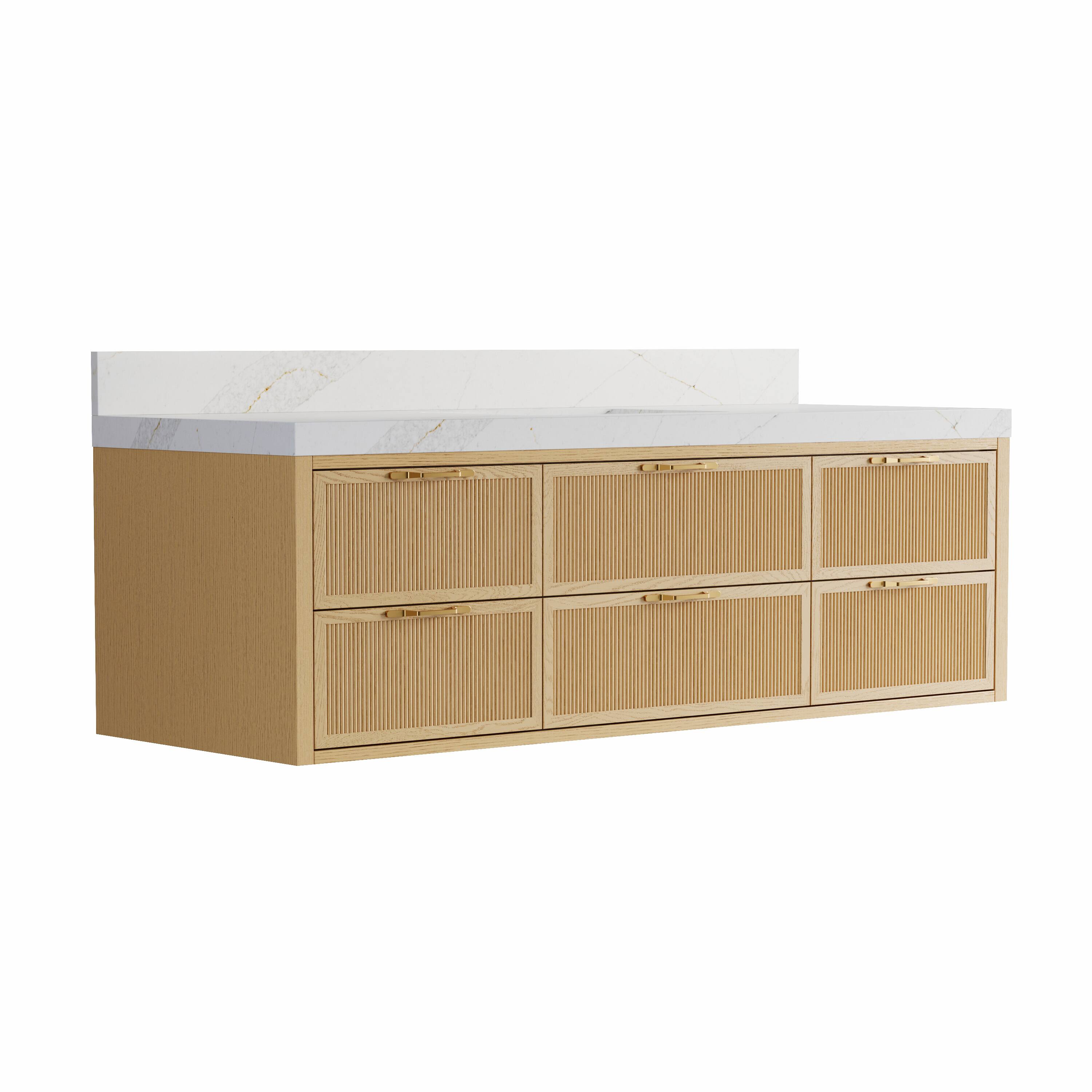 Alt View 7. WELLFOR - LYNOAK 60 in. Wall-mount Solid Wood Bath Vanity with Quartz Top, Single Sink, Soft Close, Assembled - OAK.