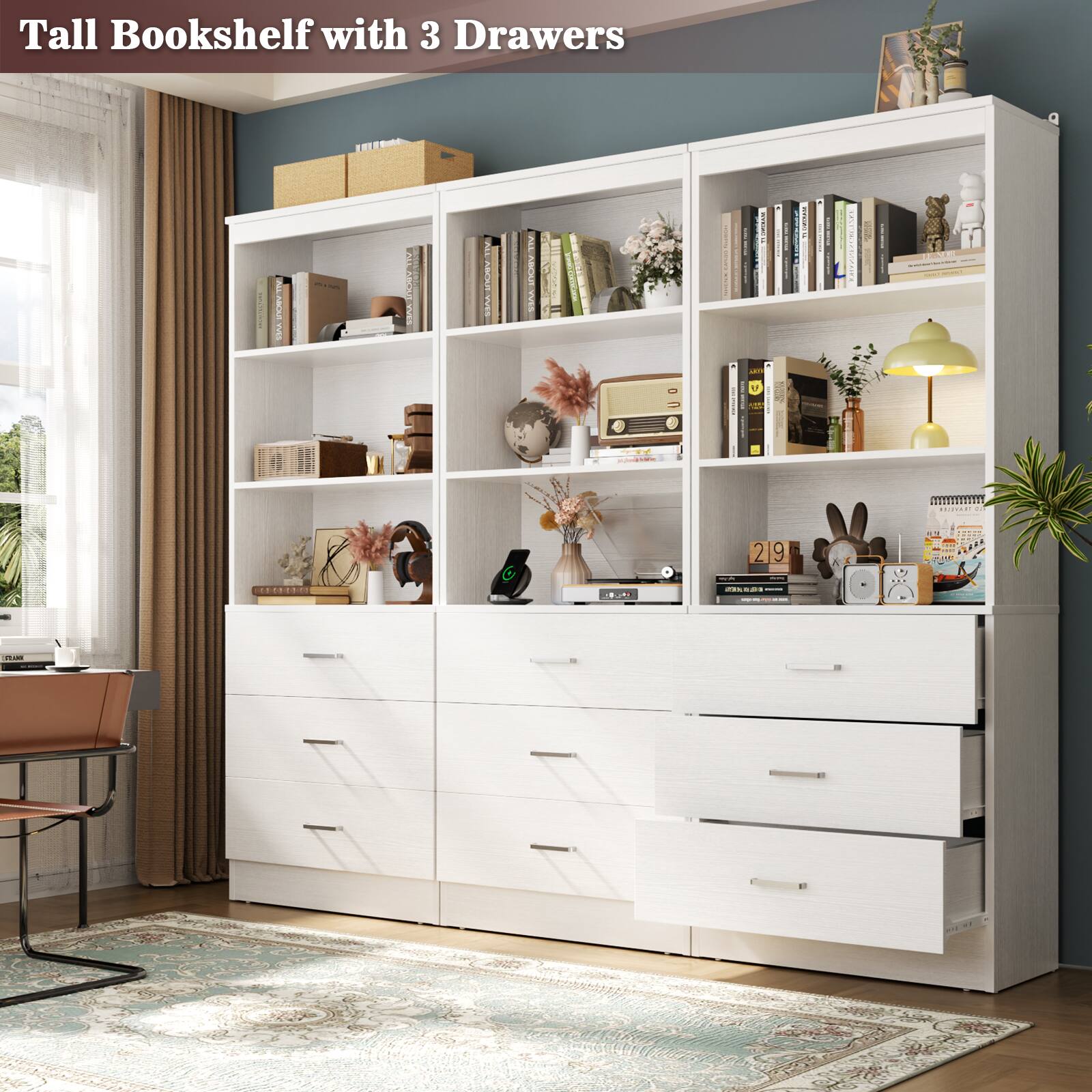 Tall Bookshelf with 3 Drawers