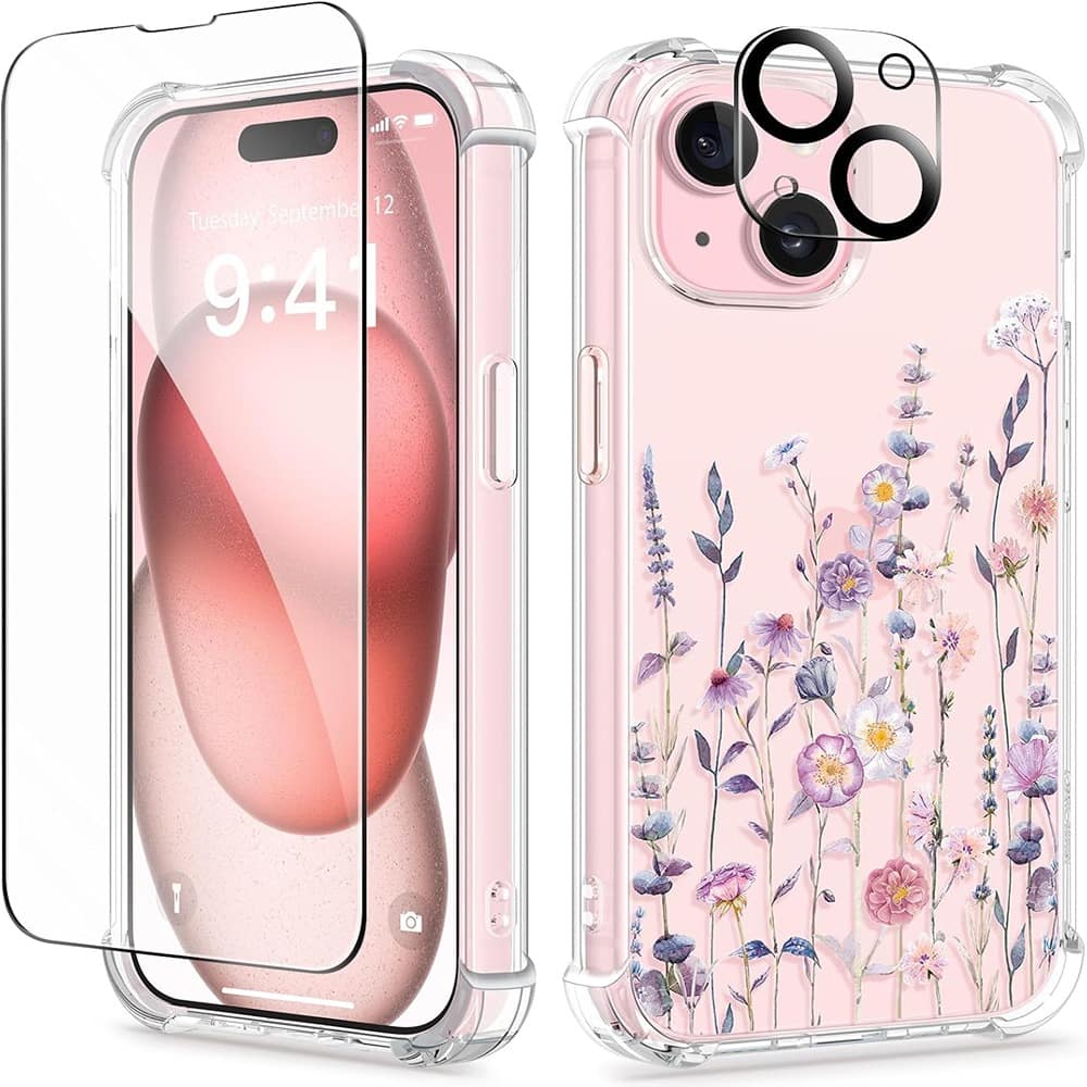 ACJPR - iPhone 15 Case, 3-in-1 with Screen & Camera Protectors, Floral Clear - Color: A-Floratopia/Colorful Size: for iPhone 15 (