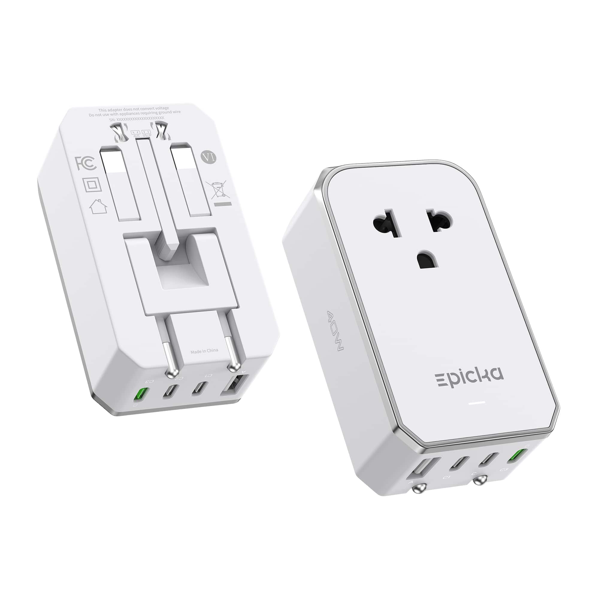 Epicka - Air 40W Universal Travel Adapter, PD Fast Charging International Power Adapter with 1 AC & 4 USB Ports - White