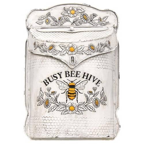 BreeBe - Busy Bee Hive Distressed Metal Post Box - White, Grey