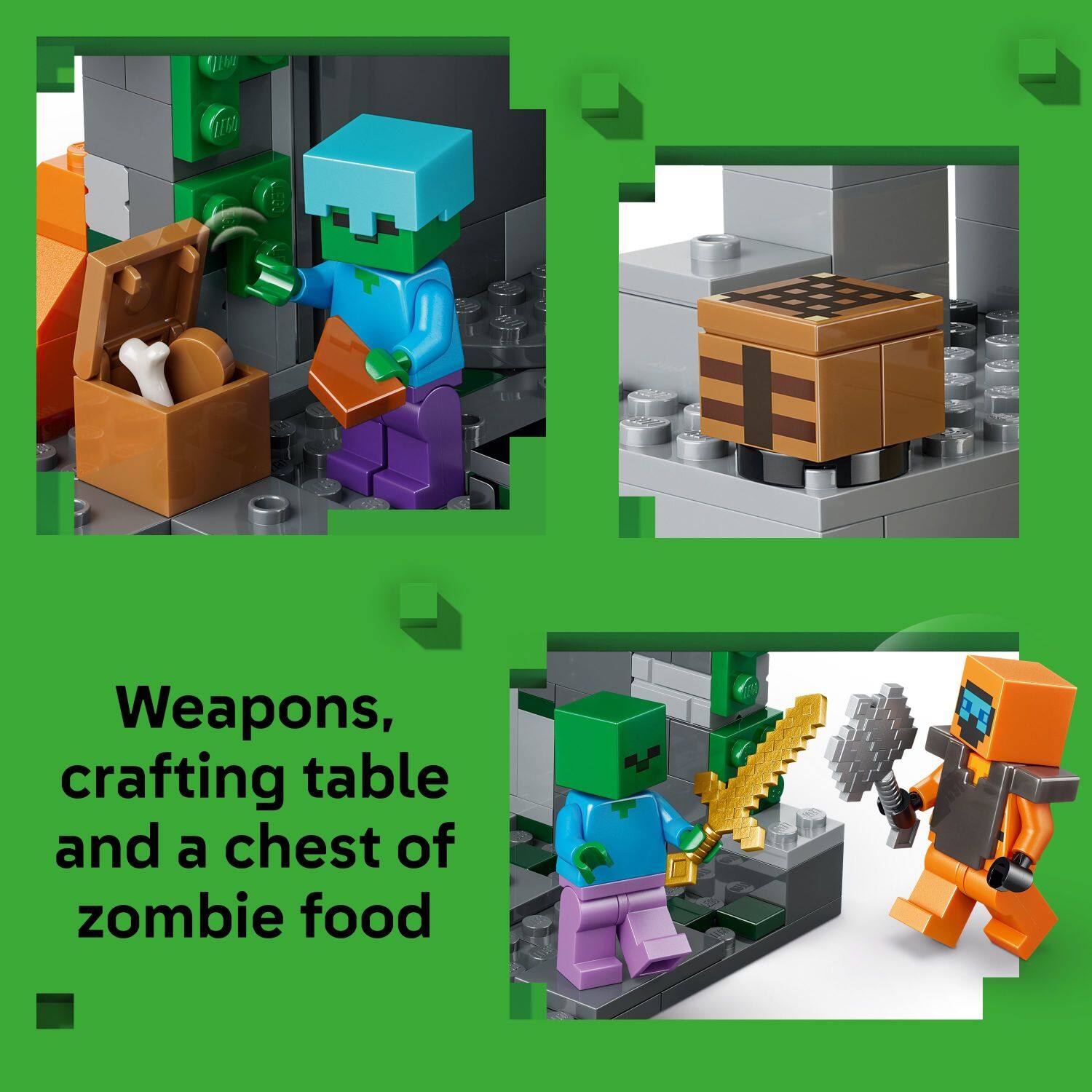 Weapons, crafting table and a chest of zombie food