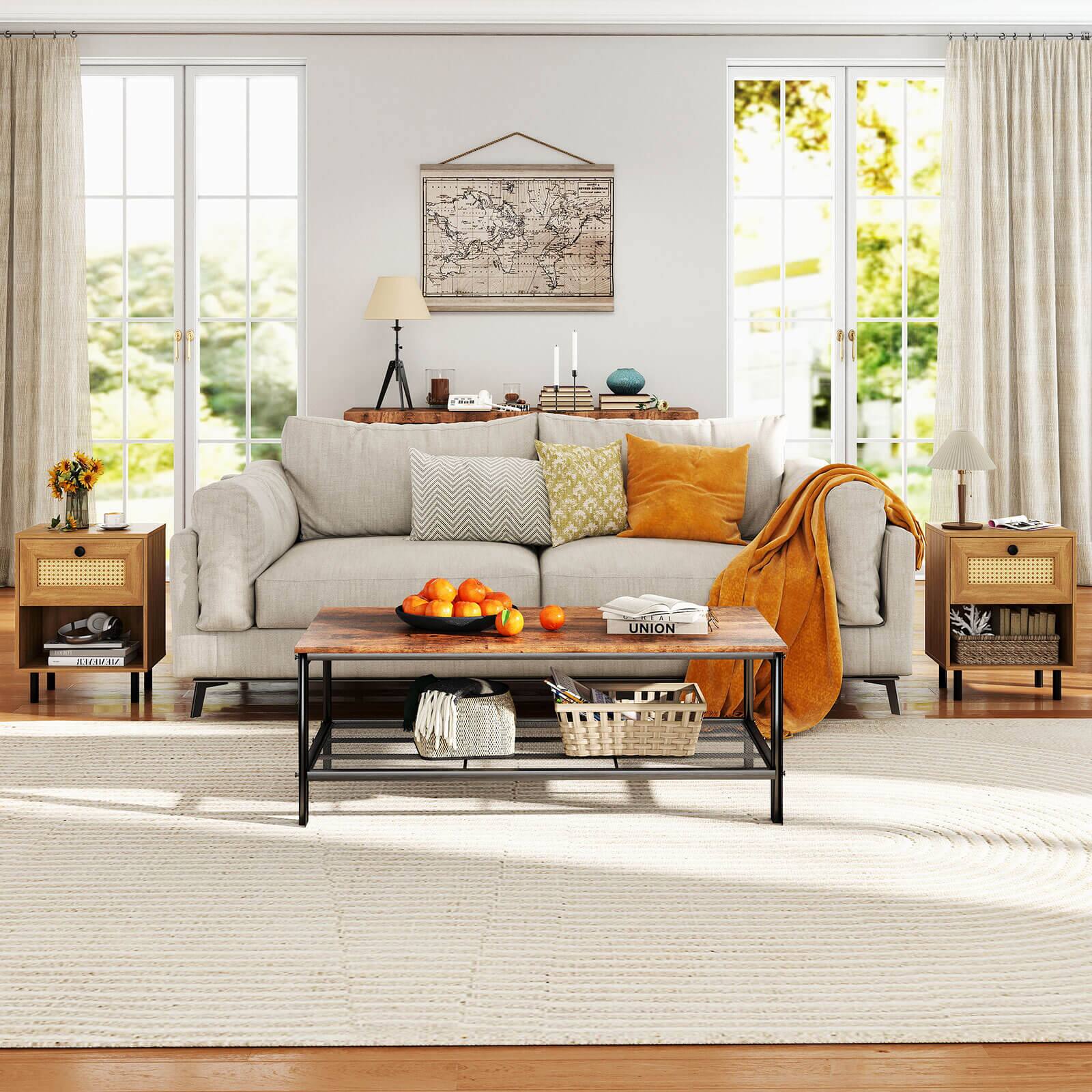 Alt View 5. Costway - Costway Rattan Nightstand Boho End Table with Drawer & Open Shelf for Living Room - Natural.