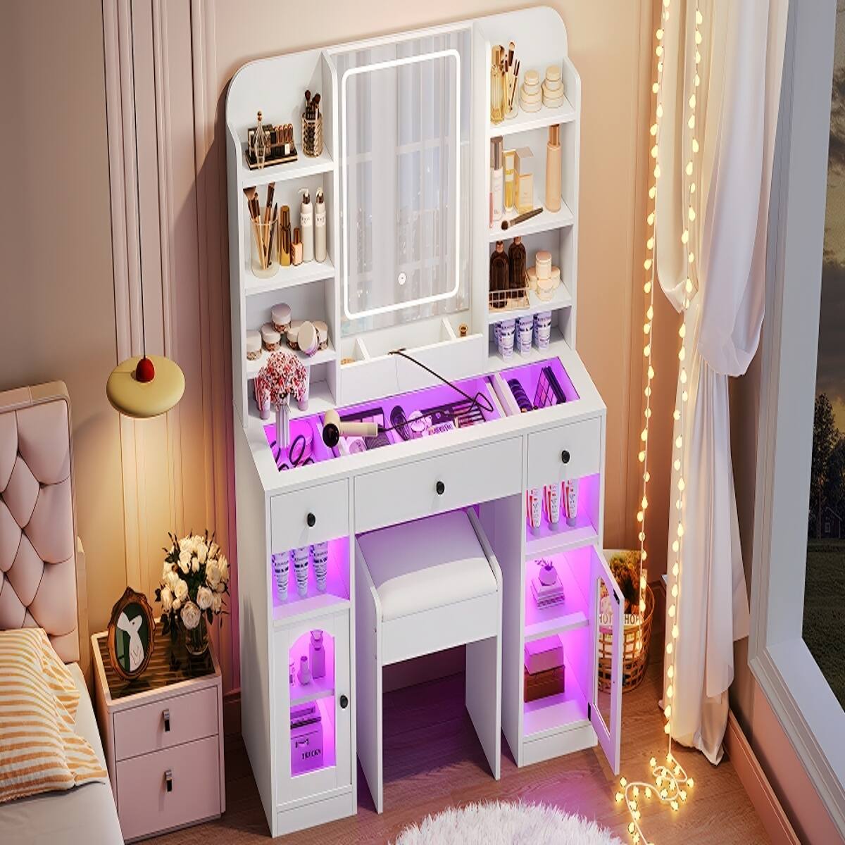 Alt View 4. Loheer - Loheer 43.2 inch Vanity Desk, LED Mirror Vanity with Three Light Modes, White Makeup Vanity with Stool - White.