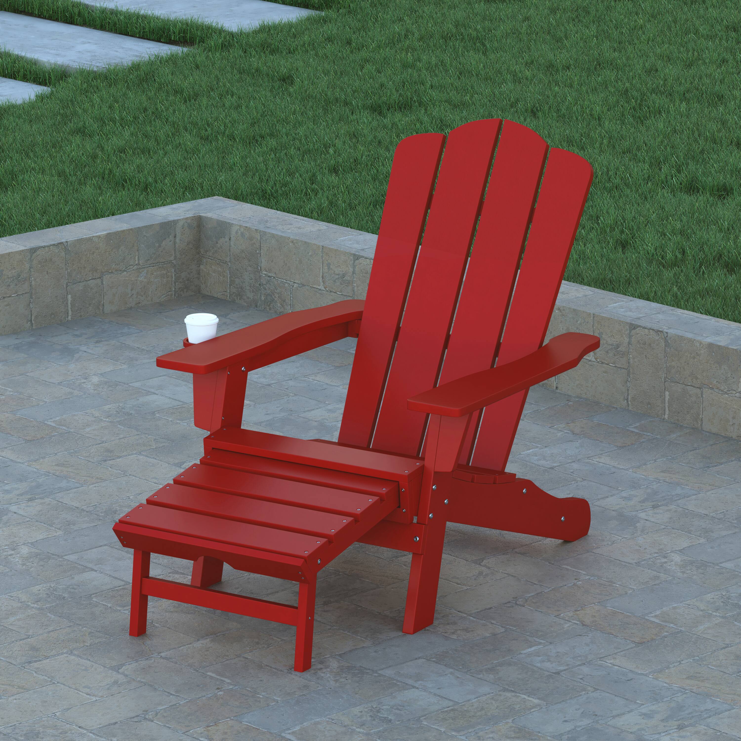 Alt View 4. Emma + Oliver - Tiverton Set of 2 Adirondack Chairs with Cup Holders and Pull Out Ottoman, All-Weather HDPE Indoor/Outdoor Lounge Chairs - Red.
