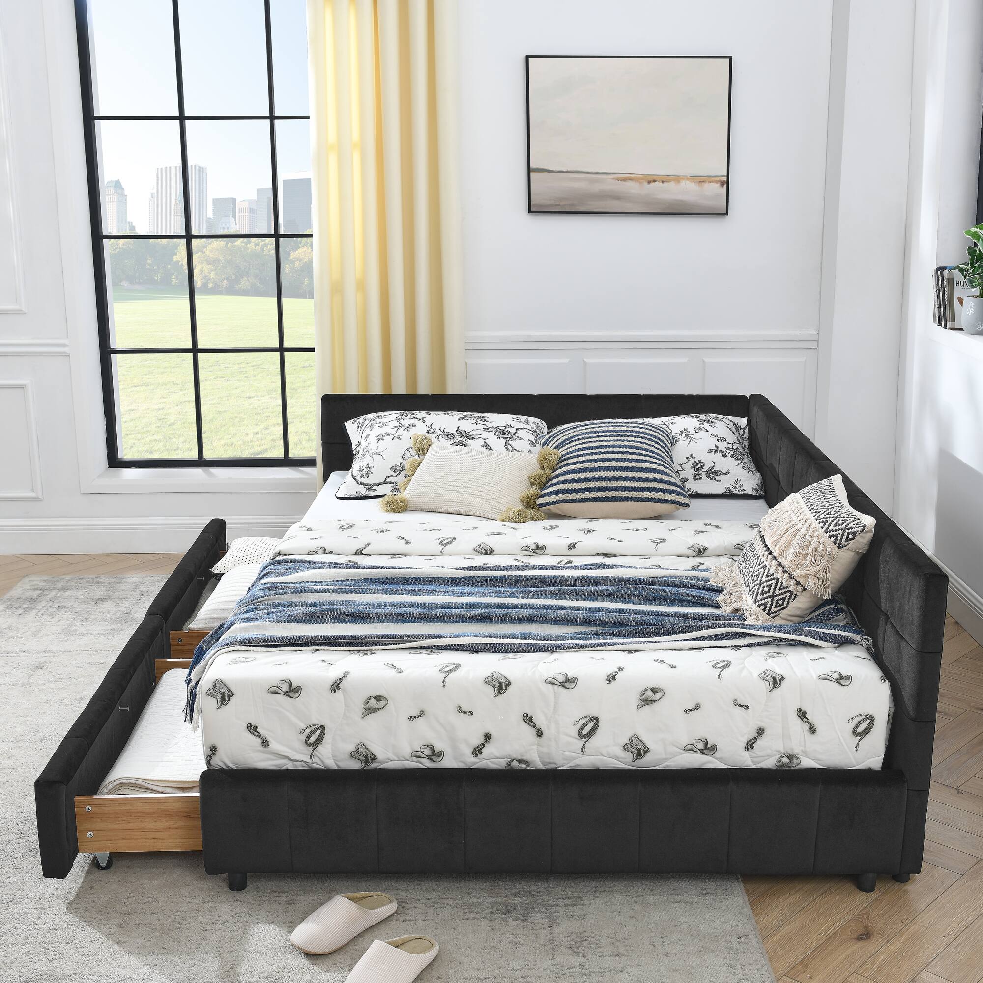 Left. Anysun - Queen Velvet Tufted Storage Bed Frame - Sofa Bed with Backrest & Armrests for Bedroom or Living Room - Black.