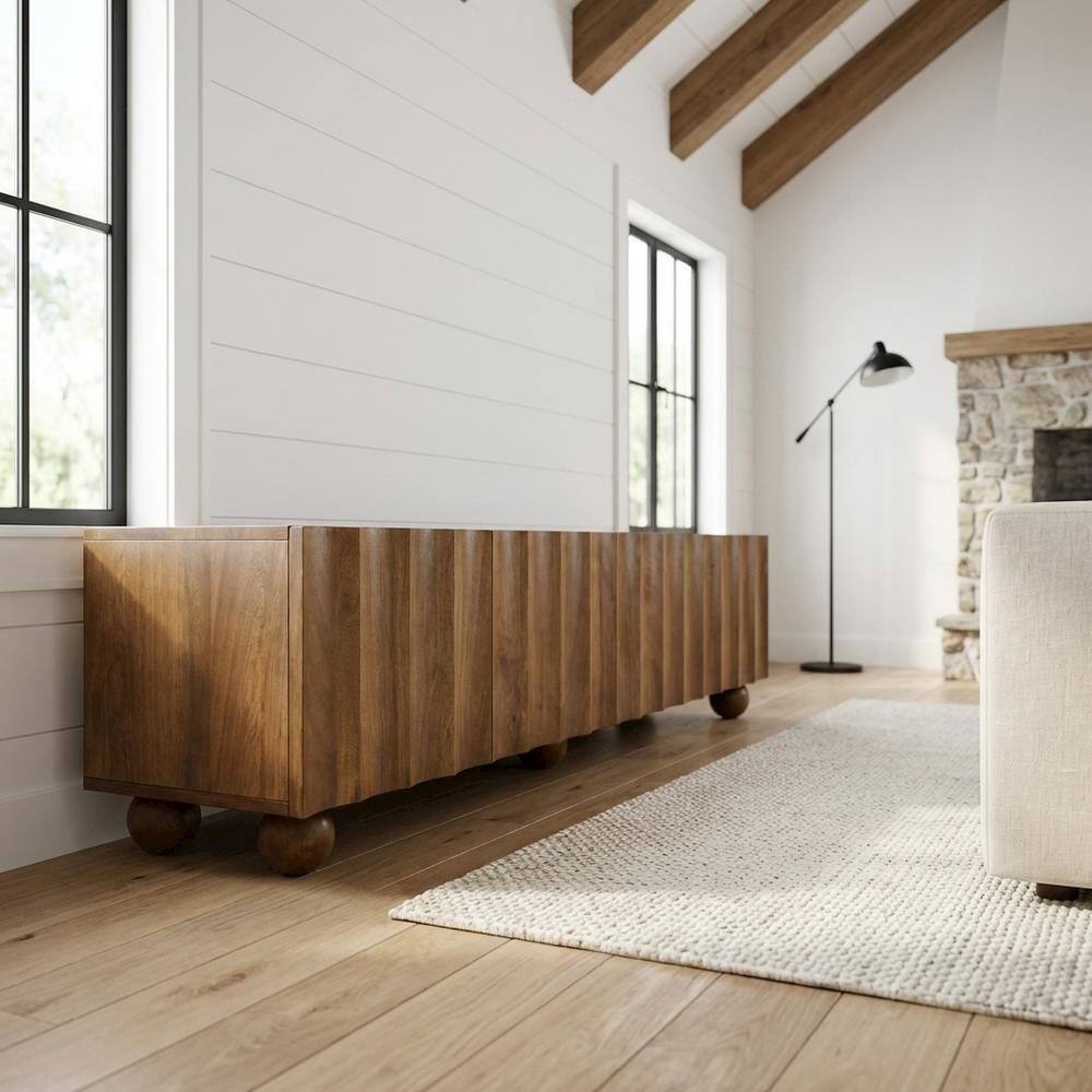 Left. FurniFact - Scalloped Wood TV Stand in Neutral Finish with Spacious Storage - Brown.