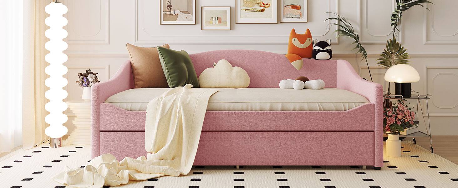 Alt View 10. Tiramisubest - Teddy Fleece Full Size Upholstered Daybed with Light and Trundle, Pink - Pink.