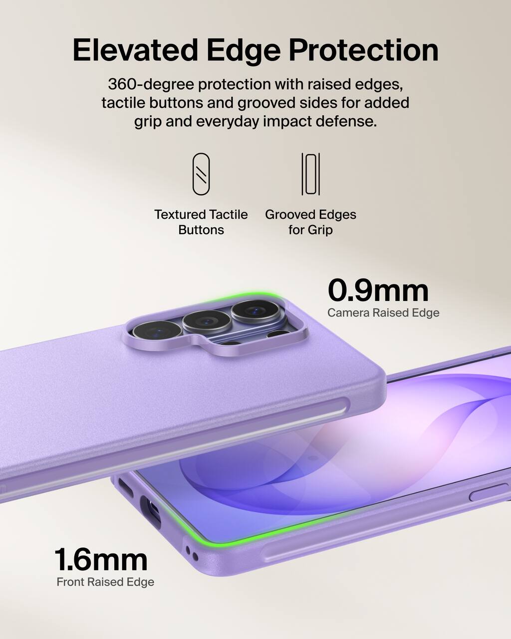 Elevated Edge Protection  
360-degree protection with raised edges, tactile buttons and grooved sides for added grip and everyday impact defense.

Textured Tactile Buttons  
Grooved Edges for Grip

0.9mm Camera Raised Edge  
1.6mm Front Raised Edge