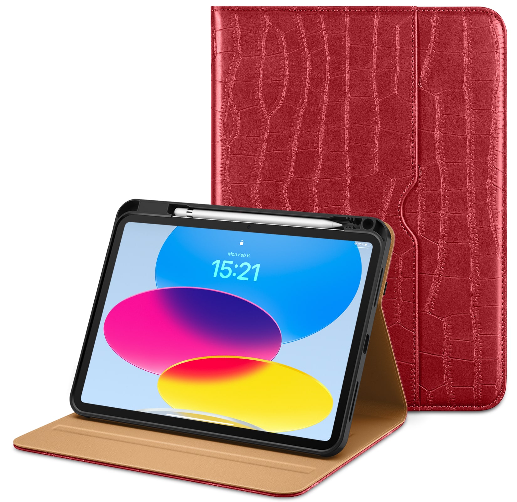 VIKESI - Case for iPad A16 and iPad 10th 10.9-Inch Leather Smart Folio Cover with Pencil Holder and Hand Strap,Auto Sleep/Wake - Red
