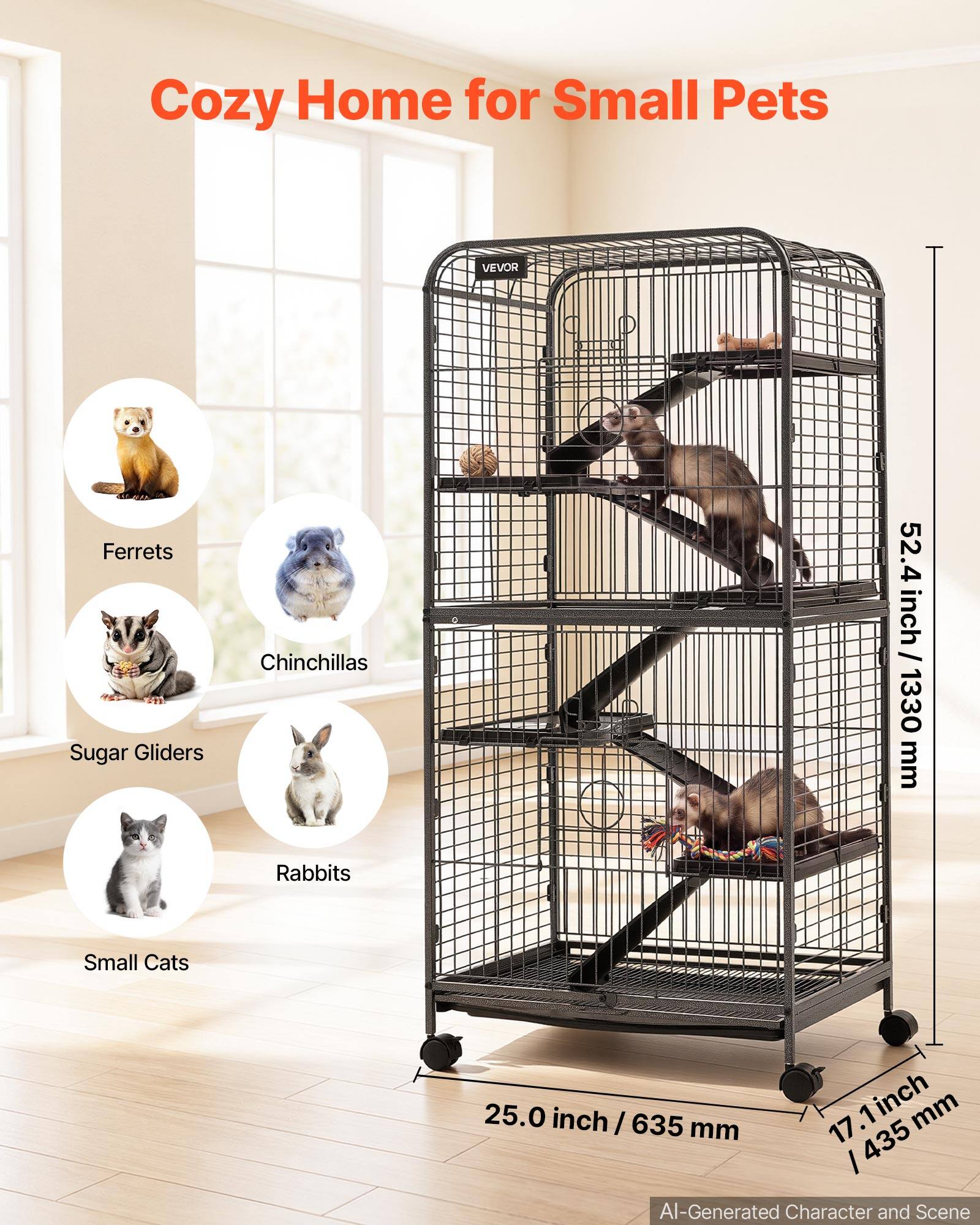 Cozy Home for Small Pets

VEVOR

Ferrets Sugar Gliders
Chinchillas Rabbits
52.4 inch / 1330 mm
Small Cats
25.0 inch / 635 mm
17.1 inch / 435 mm

AI-Generated Character and Scene