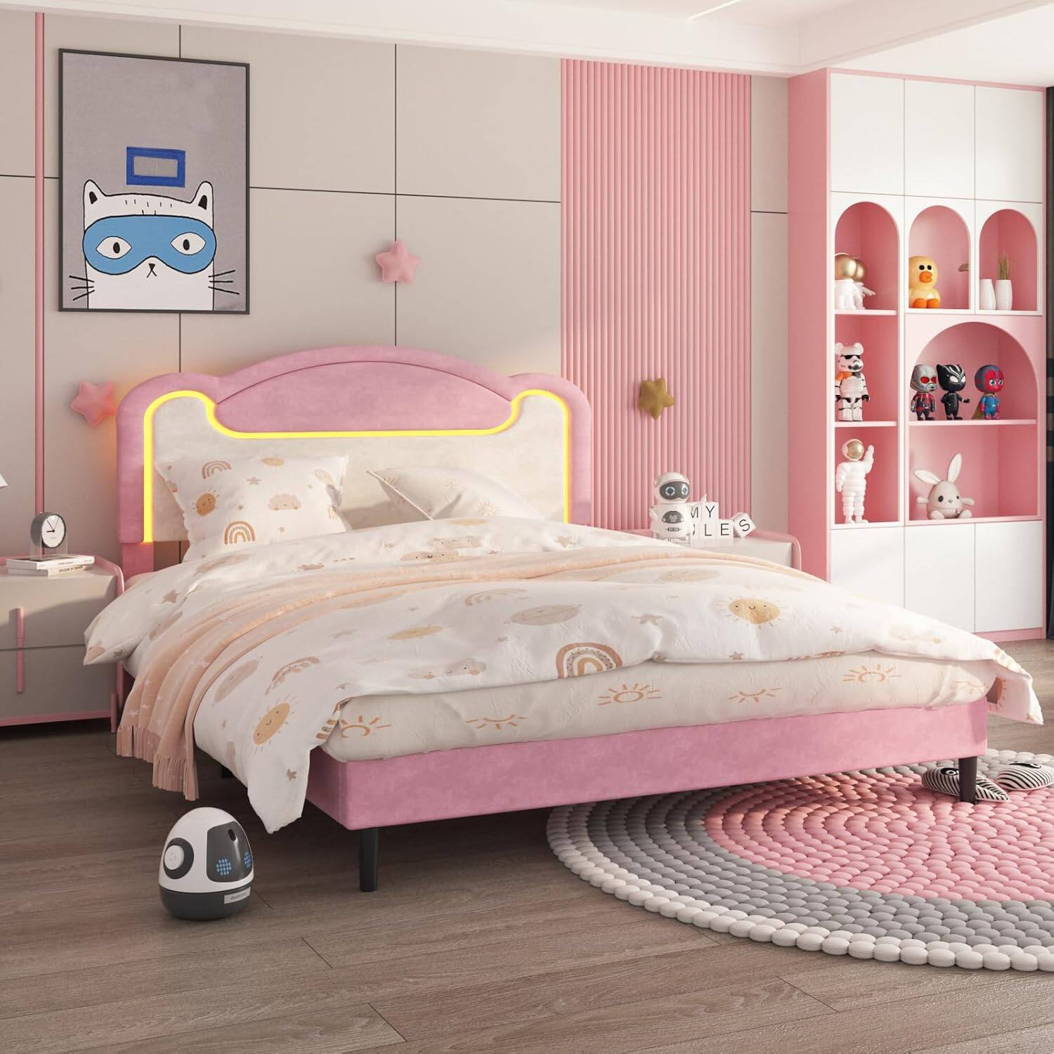 Front. Homhougo - Full Princess LED Platform Bed, Upholstered Fabric Headboard, Solid Wood Slats, No Box Spring, Pink/White - Pink.