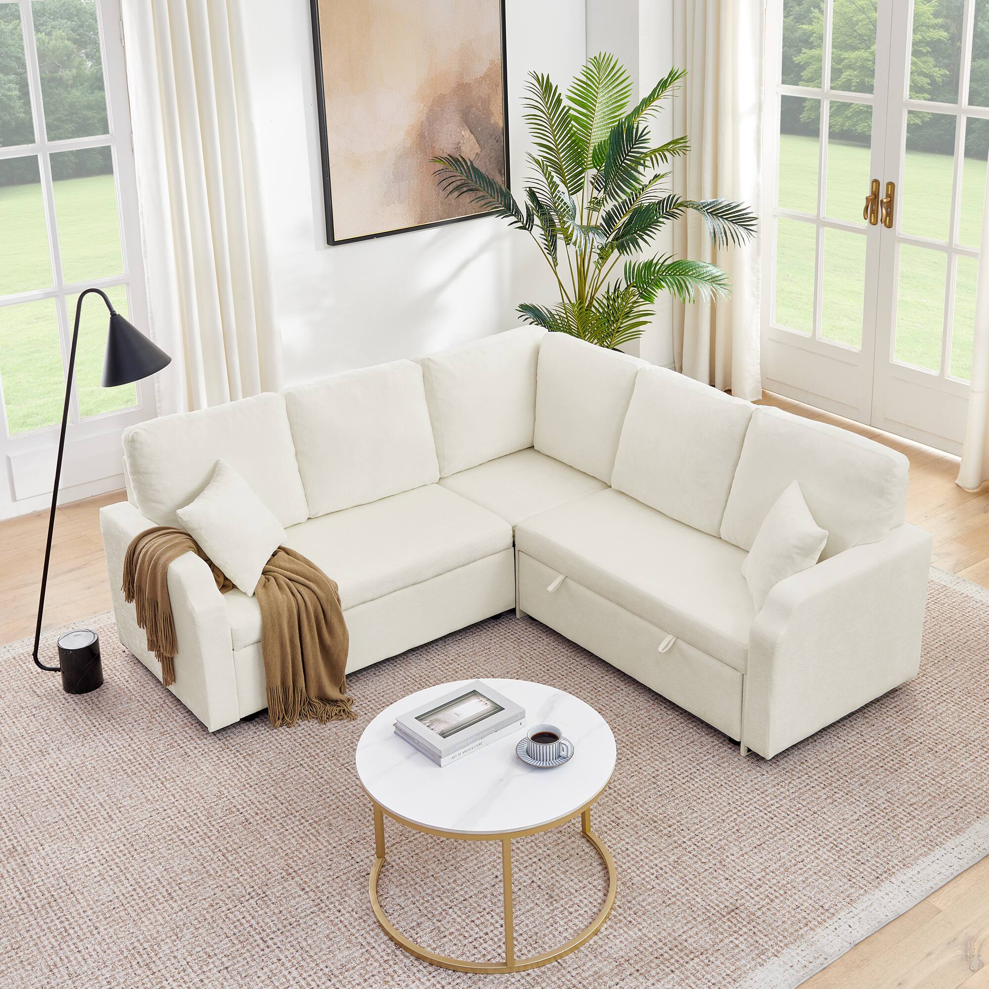 Front. Anysun - 81.2" Modular Chenille Convertible Sectional Sofa with Pull-Out Bed – 5-Seat L-Shaped Sleeper Couch with Hidden Storage - Beige.