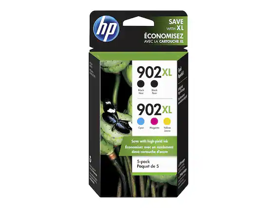 hp SAVE WITH XL
ÉCONOMISEZ AVEC LA CARTOUCHE XL
902XL
Black Noir
Cyan Magenta Yellow Jaune
Save with high yield ink
Économisez avec un rendement élevé cartouche d'encre
5-pack
Paquet de 5