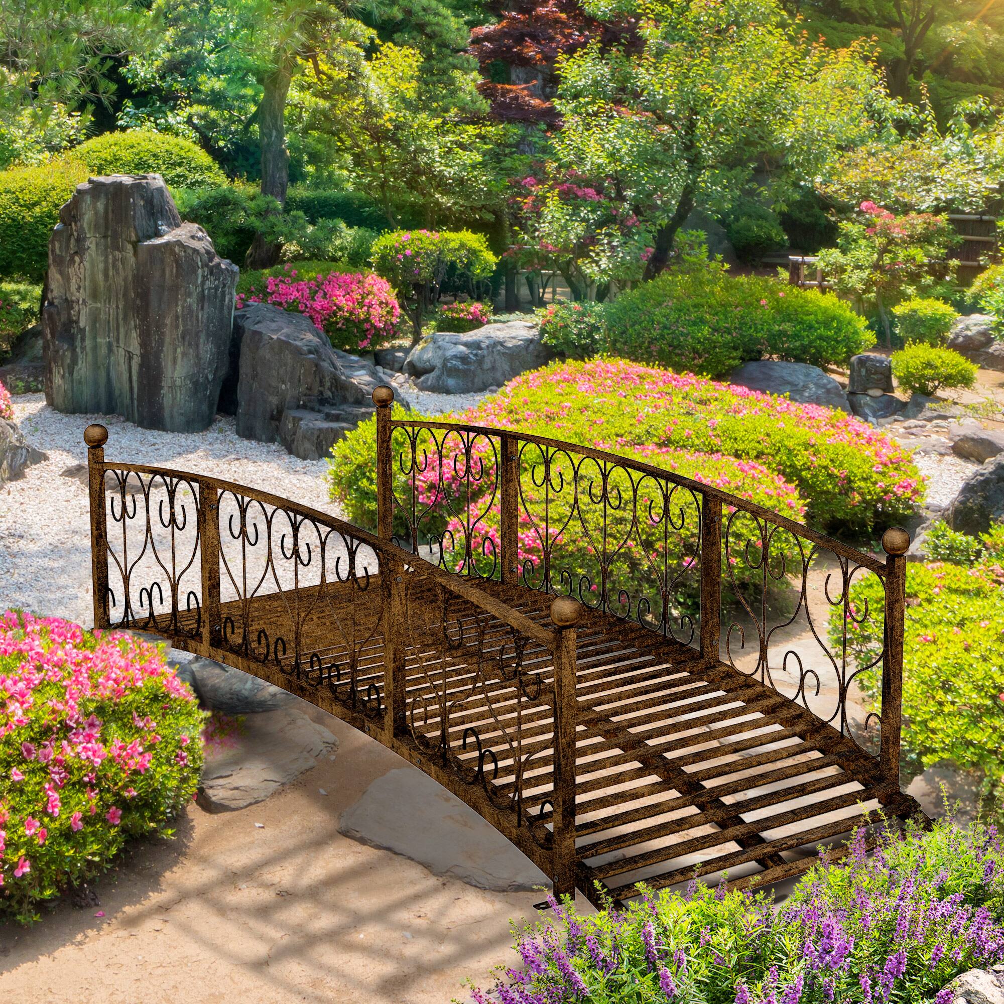 Alt View 1. Outsunny - Metal Arch Garden Bridge Arc Footbridge with Side Railings Decorative Scrollwork - Bronze.