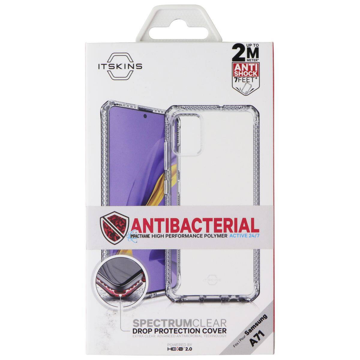 ITSKINS UP TO 2 METER ANTI SHOCK 7FEET* ANTIBACTERIAL IMPACTHANE HIGH PERFORMANCE POLYMER ACTIVE 24/7 SPECTRUMCLEAR CLEAR Samsung DROP PROTECTION COVER EXTRA CLEAR ADVANCED AN ANTIMICROBIAL TECHNOLOGY POWERED BY Fits I Pour A71 HC.0 2.0